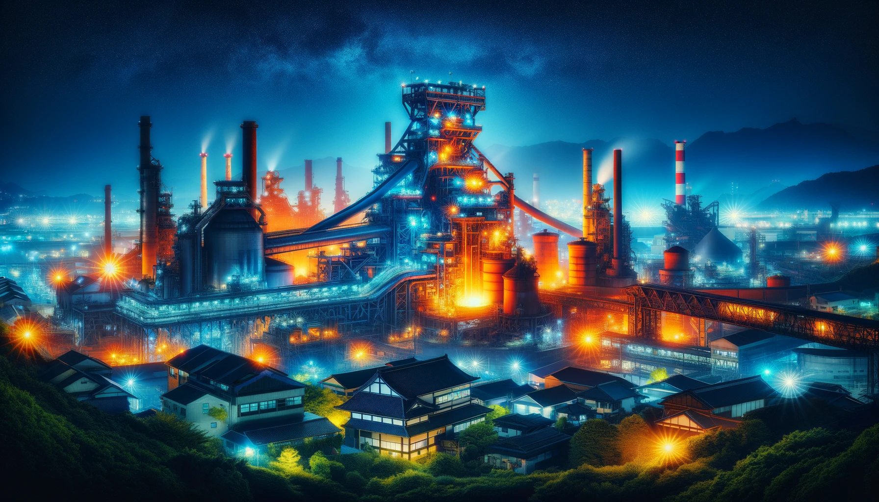 Visualize an impressive night view of a sprawling Japanese steel plant, illuminated by vibrant, colorful lights that outline its massive structures and machinery. The sky above is a deep indigo, studded with stars, while the plant itself becomes a beacon of light and activity against the night. Large flames occasionally burst from the furnaces, adding to the dynamic and powerful ambiance of the scene. Around the plant, lush greenery and traditional Japanese architecture provide a stark contrast to the industrial might on display. This image symbolizes the fusion of Japan's rich cultural heritage with its leading-edge industrial capabilities, presenting a steel plant not just as a place of work, but as a landmark of technological achievement and beauty.