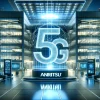 An image emphasizing the 5G technology of 'Anritsu', a globally recognized company in the field of communication measurement equipment. The scene showcases a prominent and large holographic display of the number '5G' in the center, symbolizing the company's expertise and focus on this technology. The background features the modern corporate building of Anritsu with its logo. The setting is futuristic, with ambient lighting in blue and green, reflecting a high-tech and innovative atmosphere. The overall impression is sleek and technologically advanced.