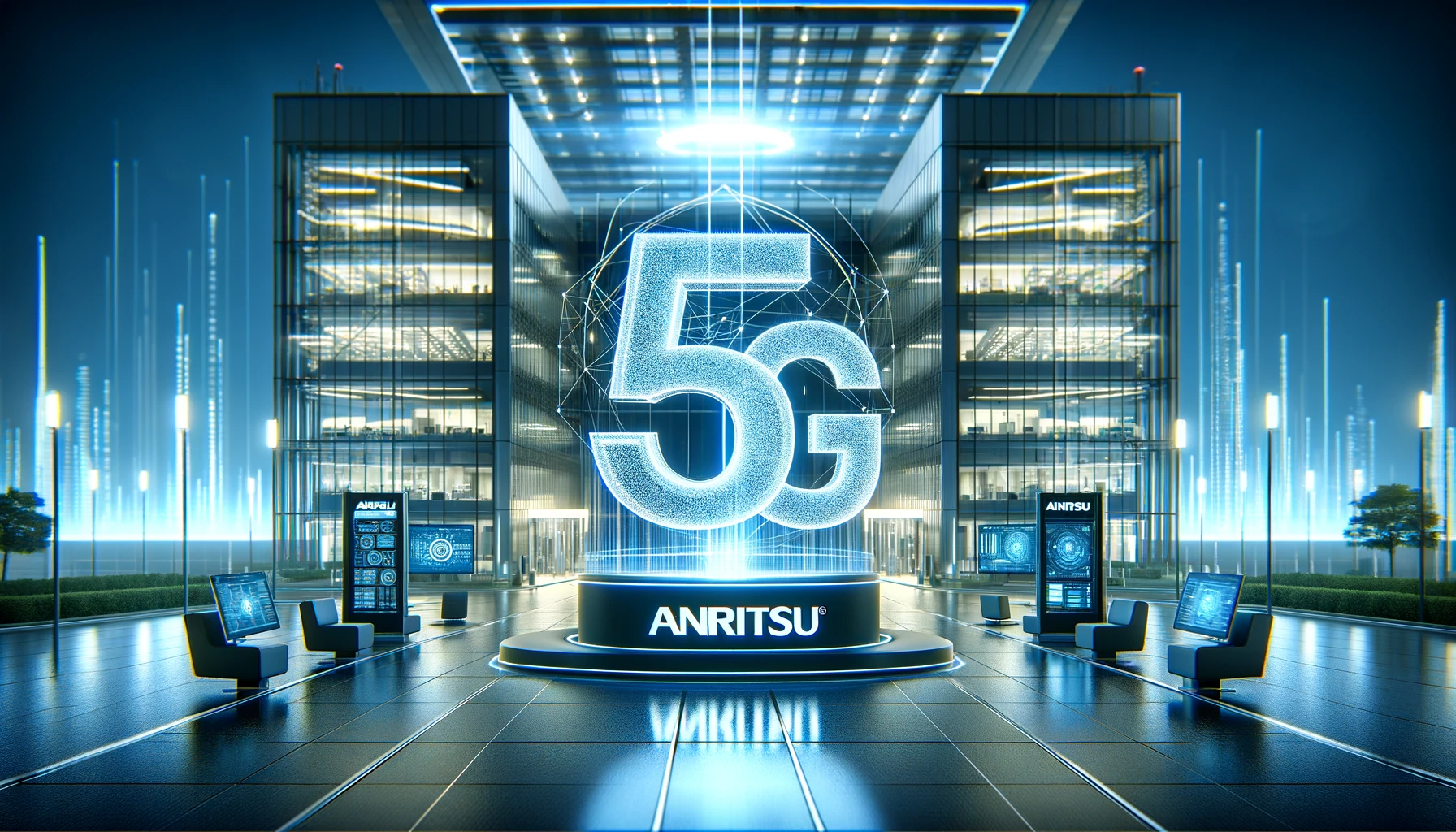 An image emphasizing the 5G technology of 'Anritsu', a globally recognized company in the field of communication measurement equipment. The scene showcases a prominent and large holographic display of the number '5G' in the center, symbolizing the company's expertise and focus on this technology. The background features the modern corporate building of Anritsu with its logo. The setting is futuristic, with ambient lighting in blue and green, reflecting a high-tech and innovative atmosphere. The overall impression is sleek and technologically advanced.