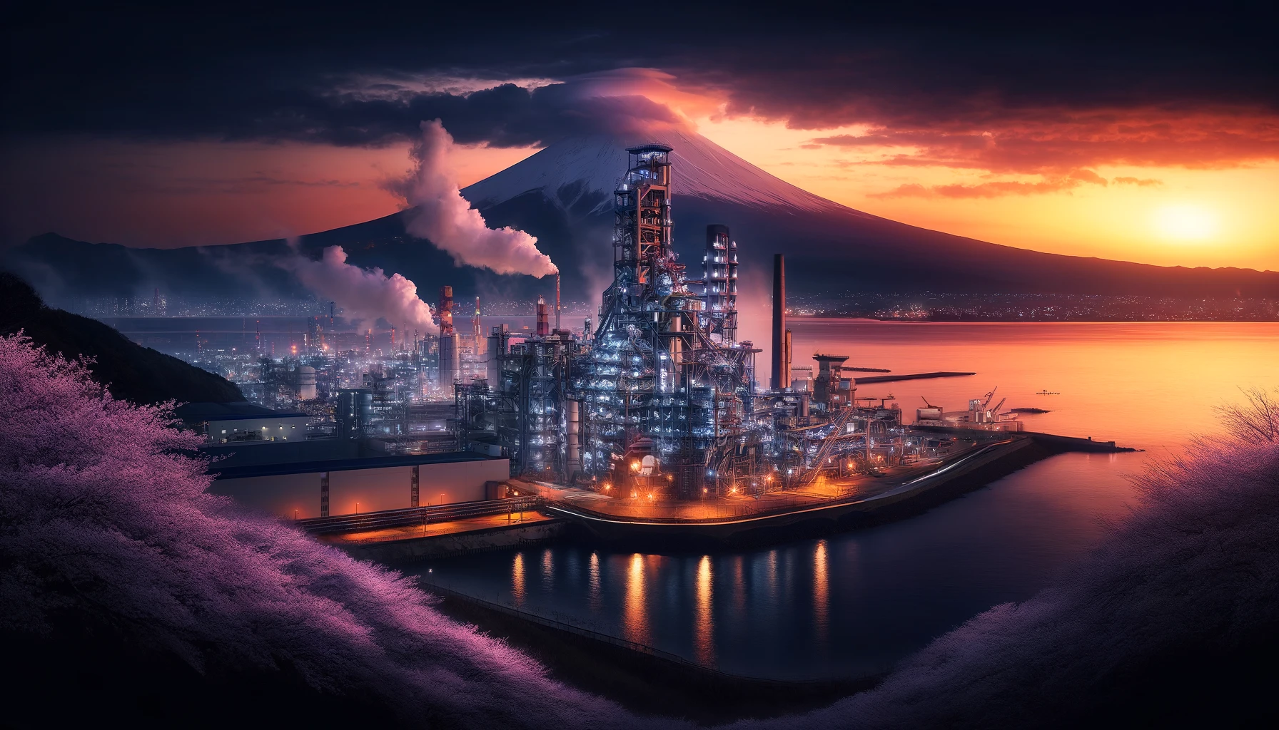 Visualize a dramatic evening at a vast, modern steel factory situated by the sea in Japan, with the majestic Mount Fuji in the background. The factory's complex structure is highlighted by the orange and purple hues of the twilight sky. Steam and smoke rise from its numerous stacks, blending with the clouds, while the calm sea reflects the factory's lights, creating a mesmerizing contrast between nature and industry. In the foreground, cherry blossoms gently sway in the breeze, adding a touch of serene beauty to the industrial might. This scene merges Japan's iconic natural beauty with its industrial prowess, symbolizing harmony between progress and nature.