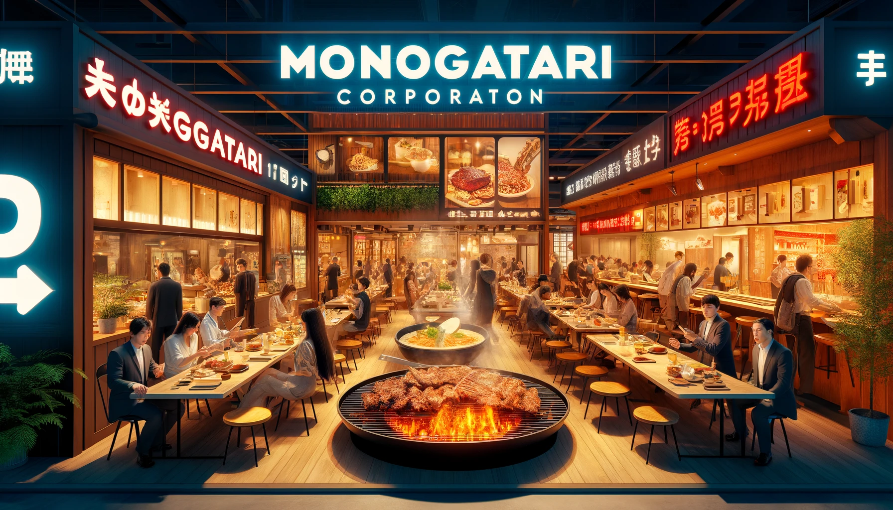 An image showcasing 'Monogatari Corporation', an enterprise in the food service industry with a national presence through its barbecue and ramen chain restaurants. The scene vividly portrays a busy and stylish Monogatari barbecue restaurant on one side and a ramen restaurant on the other. The interiors are vibrant and contemporary, with guests enjoying their meals. The name 'MONOGATARI' is featured in bold English letters on a sign above each restaurant. The emphasis is on the culinary experience, showing sizzling barbecued meats and steaming bowls of ramen, attracting a diverse clientele.