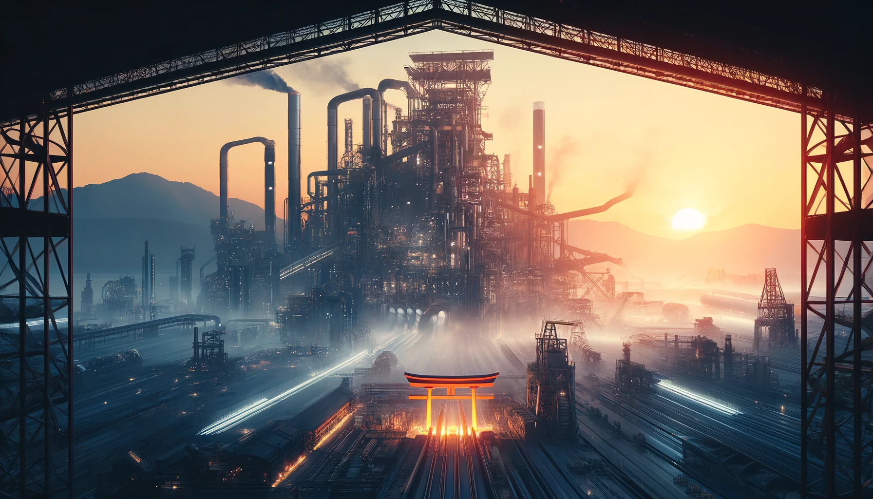 Imagine a sprawling, futuristic steel mill stretching across a vast industrial landscape, its silhouette against the backdrop of a setting sun. Gigantic furnaces and smokestacks tower above, emitting a soft glow and occasional sparks, while conveyors and pipelines weave throughout the complex. The air is filled with the sound of machinery and the sight of molten metal flowing. In the foreground, a traditional Japanese torii gate stands, symbolizing the entrance to a sacred space, juxtaposing the ancient and the modern elements of Japanese culture. The scene encapsulates the power and innovation of Japan's steel industry, with hints of traditional Japanese aesthetics. This fusion represents the essence of a modern Japanese steel company, combining tradition with technological advancement.