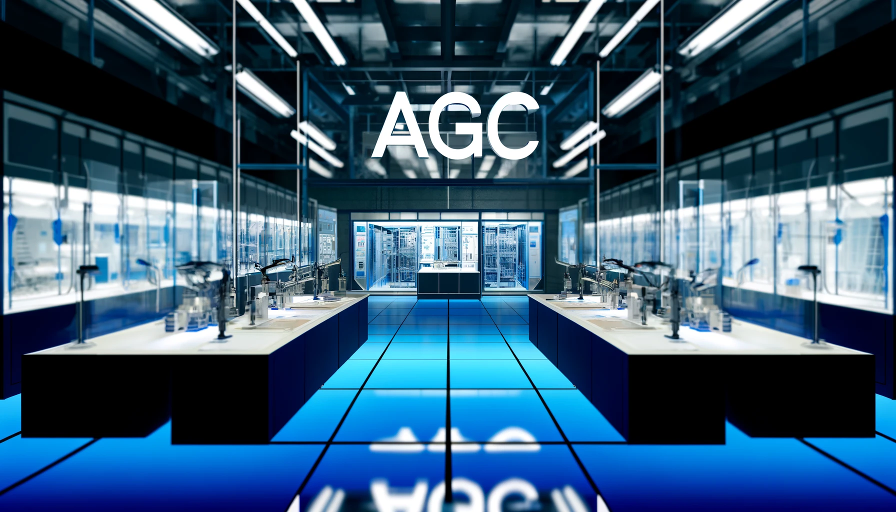 Create an image that embodies AGC Corporation's technology, featuring a futuristic, high-tech laboratory where cutting-edge glass products are being developed. The scene should illustrate the innovative spirit of AGC, highlighting the process of creating advanced glass materials that contribute to sustainable and smart living solutions. The laboratory setting should be filled with state-of-the-art equipment, and the image must prominently include the letters 'AGC' within the composition, symbolizing the company's leading role in glass technology. The atmosphere should convey a sense of progress and dedication to improving the future through technology.