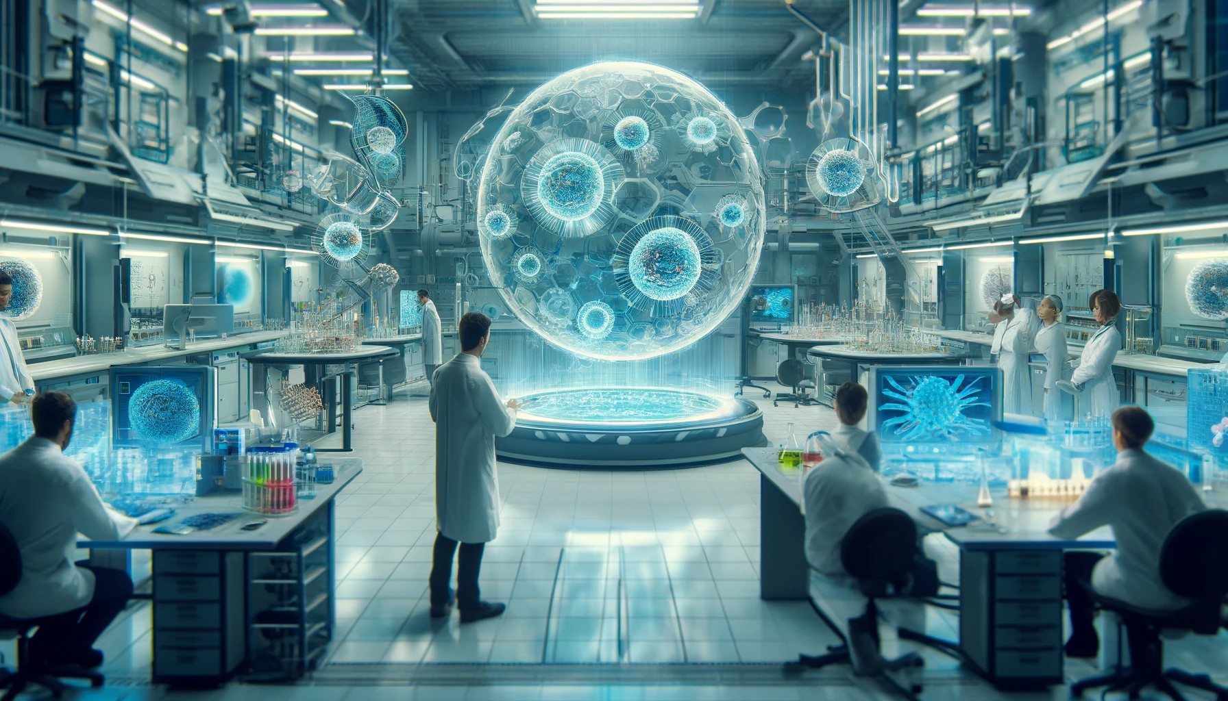 A futuristic laboratory with scientists working on regenerative medicine and advanced materials, embodying innovation and sustainability. The lab is equipped with high-tech devices and equipment for cell culture, and materials research, showing a team of professionals in lab coats analyzing data and conducting experiments. This scene represents the cutting-edge research and development environment of a leading chemical company dedicated to contributing to human survival and development through technological advancements. The atmosphere is filled with a sense of purpose and the pursuit of solutions to global challenges.