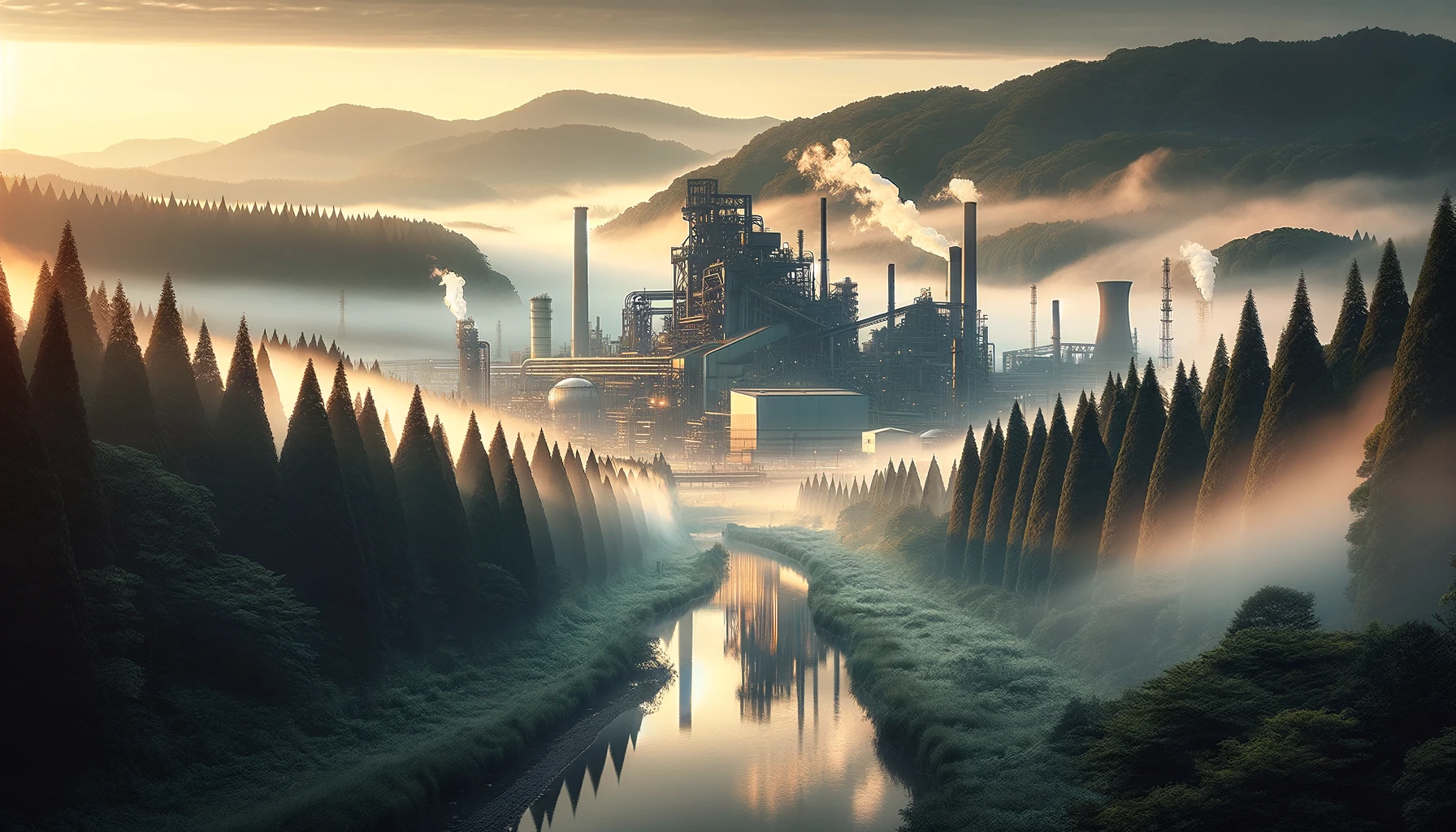 Envision a serene, early morning scene at a Japanese steel plant located at the edge of a dense, misty forest. The first light of dawn casts a soft, golden hue over the industrial complex, with steam rising from its chimneys into the cool air. The juxtaposition of the plant's modern, sleek structures against the ancient, untouched beauty of the surrounding forest symbolizes the coexistence of industrial progress and nature's tranquility. In the foreground, a small, clear stream reflects the plant's silhouette, adding a sense of peaceful harmony. This image captures the essence of Japan's ability to balance industrialization with environmental preservation, showcasing a moment of quiet reflection before the day's work begins.