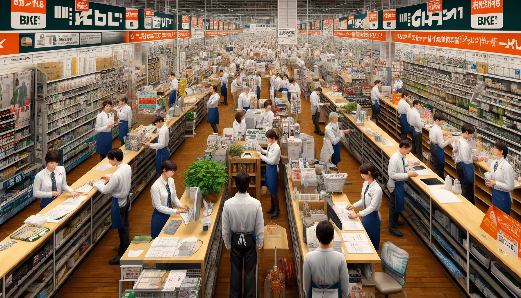 An image depicting employees at a large home center company located in Niigata, Japan. The scene is set inside the store, showing a diverse group of employees actively engaging with customers and managing different sections such as gardening, tools, and home improvement. The employees are dressed in company uniforms that are neat and professional. The store's interior is modern and well-organized, filled with various products. The atmosphere is dynamic and customer-friendly, highlighting the employees' expertise and dedication to providing excellent service. The company logo is subtly visible in the background, enhancing the professional setting.