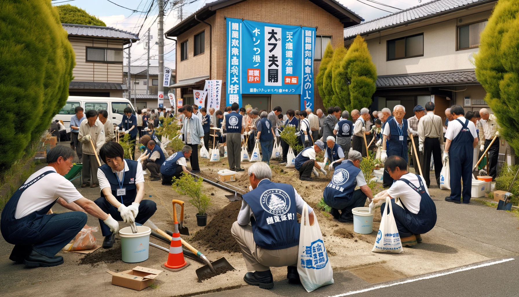 An image representing employees of the large home center company 'KOMERI' in Niigata, Japan, focusing on their contributions to the local community. The scene is set at a community event sponsored by 'KOMERI'. Employees, wearing uniforms with the 'KOMERI' logo, are actively participating in a local cleanup, planting trees, and interacting with residents. The setting is an outdoor community space, showing employees working together to improve the local environment. The company’s commitment to the community is evident, with banners bearing the 'KOMERI' name and logo prominently displayed. The atmosphere is positive and collaborative, emphasizing the company's role in social responsibility.