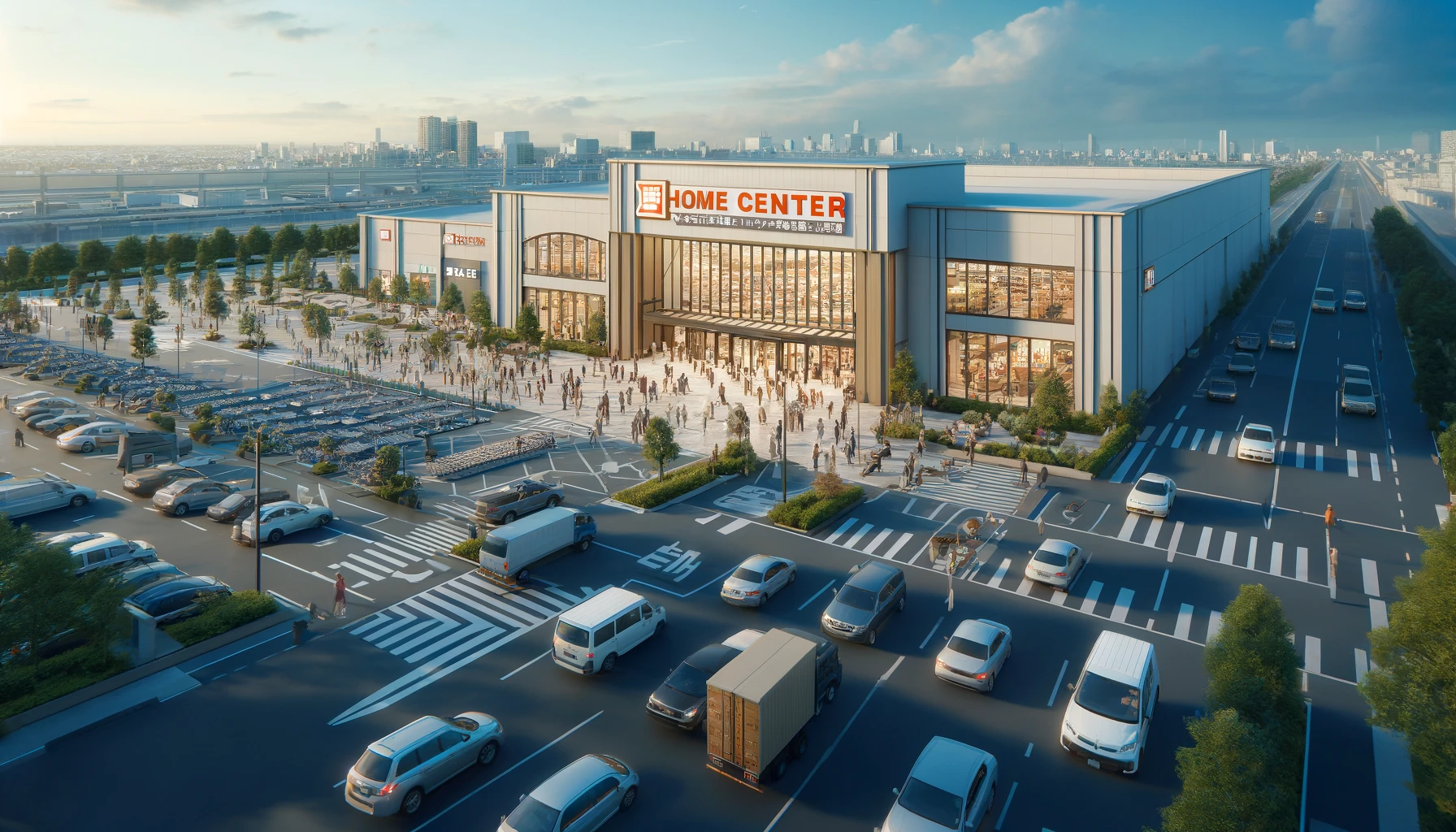 An image of a large home center company located in Niigata, Japan. The scene depicts a sprawling, modern home center store with a spacious parking lot filled with cars. The building is designed with contemporary architecture, featuring large glass windows and a welcoming entrance. The signage on the building is prominent, showcasing the company's logo and name in a bold and professional style. Shoppers of various demographics can be seen entering and exiting the store, carrying shopping bags and home improvement items. The environment is busy and vibrant, reflecting a popular shopping destination for local residents.