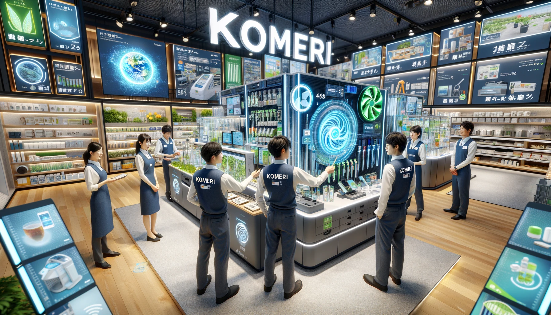 An image showcasing employees of 'KOMERI', a major home center company based in Niigata, Japan, engaged in innovative activities. The scene is set in a modern, high-tech section of the KOMERI store where employees are demonstrating new, eco-friendly products and advanced home improvement tools. The employees, wearing uniforms with the 'KOMERI' logo, are interacting with customers and explaining the benefits and usage of these innovative products. The environment is vibrant and futuristic, with digital displays and interactive stations that highlight the company's commitment to innovation and sustainability. The name 'KOMERI' is prominently displayed in the setting, emphasizing the brand's forward-thinking approach.