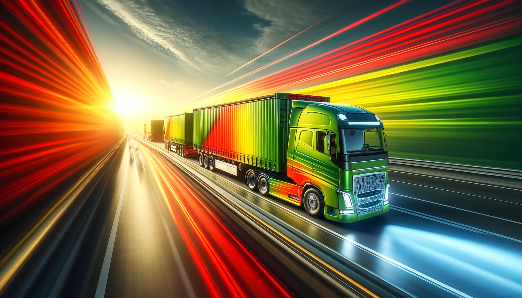 An image depicting two trucks connected in tandem, belonging to a transportation company whose corporate colors are a mix of green, red, and yellow. The trucks are depicted on a busy highway, showcasing their distinctive color scheme that blends green, red, and yellow in a vibrant pattern. The scene emphasizes the trucks' functionality and the company's focus on efficient cargo delivery. The setting is dynamic, with a clear sky and an open road, symbolizing the company's expansive logistics network and commitment to timely service.