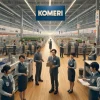 An image depicting employees at a large home center company named 'KOMERI' located in Niigata, Japan. The scene is inside the store, focusing on the employees who are diverse in age and ethnicity. They are interacting with customers, providing guidance, and managing sections like gardening, tools, and home improvement. The employees are dressed in smart uniforms with the 'KOMERI' logo. The interior of the store is spacious, modern, and well-organized, emphasizing a professional and customer-friendly environment. The company's name 'KOMERI' is prominently displayed in the background, reinforcing the brand's presence.