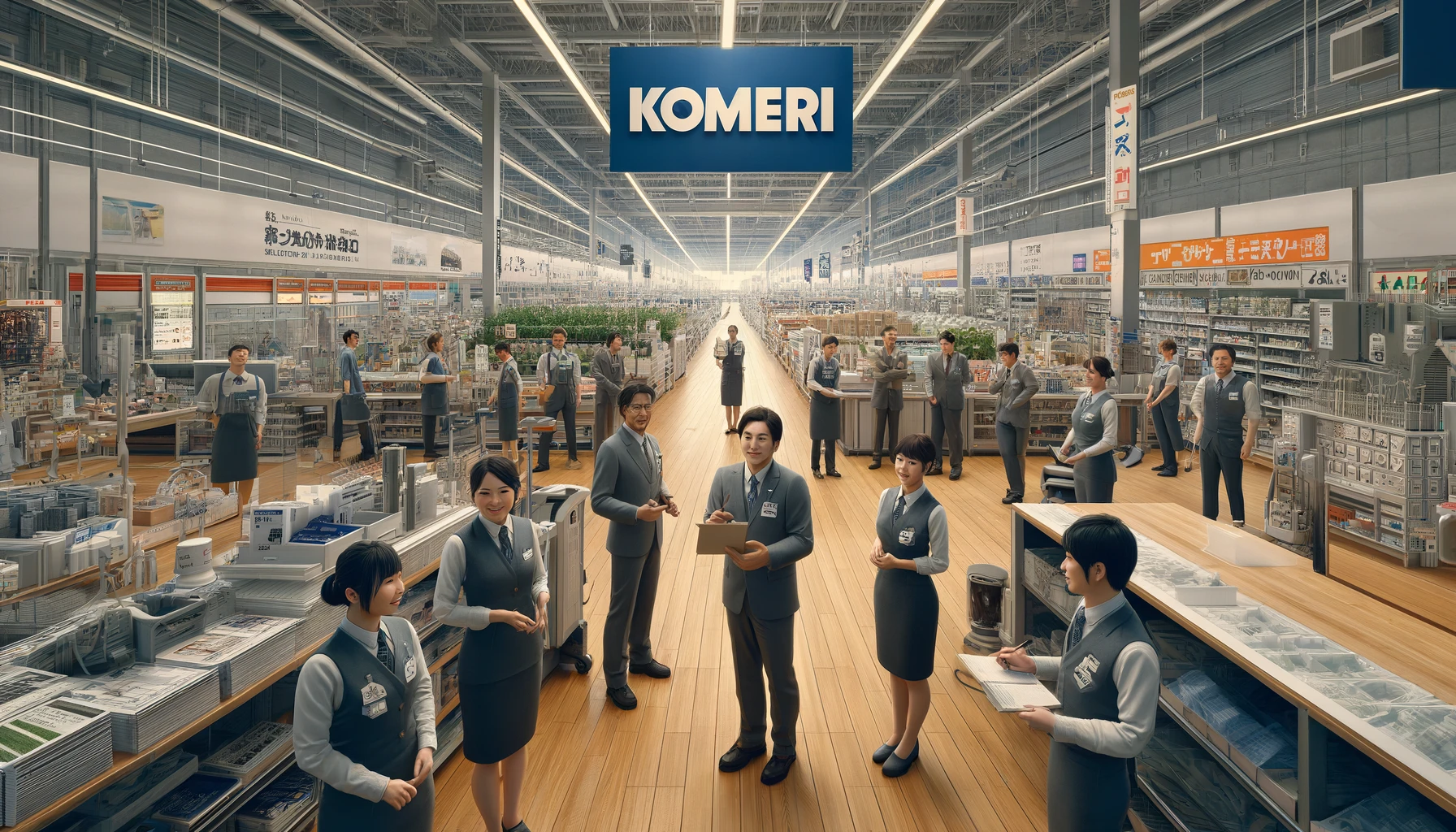 An image depicting employees at a large home center company named 'KOMERI' located in Niigata, Japan. The scene is inside the store, focusing on the employees who are diverse in age and ethnicity. They are interacting with customers, providing guidance, and managing sections like gardening, tools, and home improvement. The employees are dressed in smart uniforms with the 'KOMERI' logo. The interior of the store is spacious, modern, and well-organized, emphasizing a professional and customer-friendly environment. The company's name 'KOMERI' is prominently displayed in the background, reinforcing the brand's presence.