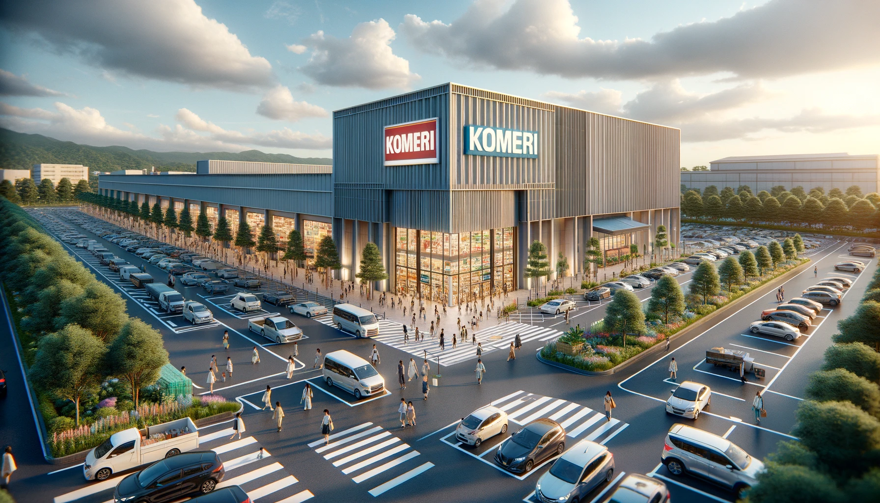 An image of a large home center company located in Niigata, Japan, with the English name 'KOMERI' prominently displayed on the building. The scene shows a sprawling, modern home center with a spacious parking lot filled with cars. The building features contemporary architecture, including large glass windows and a welcoming entrance. Shoppers of various demographics are visible entering and exiting the store, carrying items typical of a home center, like tools, plants, and home improvement supplies. The setting is busy and vibrant, emphasizing the store as a popular destination for local shoppers.