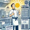 A professional kitchen environment with Hoshizaki's food service equipment including ice machines, refrigerators, and dishwashers. The scene depicts a chef happily working with the equipment, showcasing a positive atmosphere and high-quality, reliable equipment.