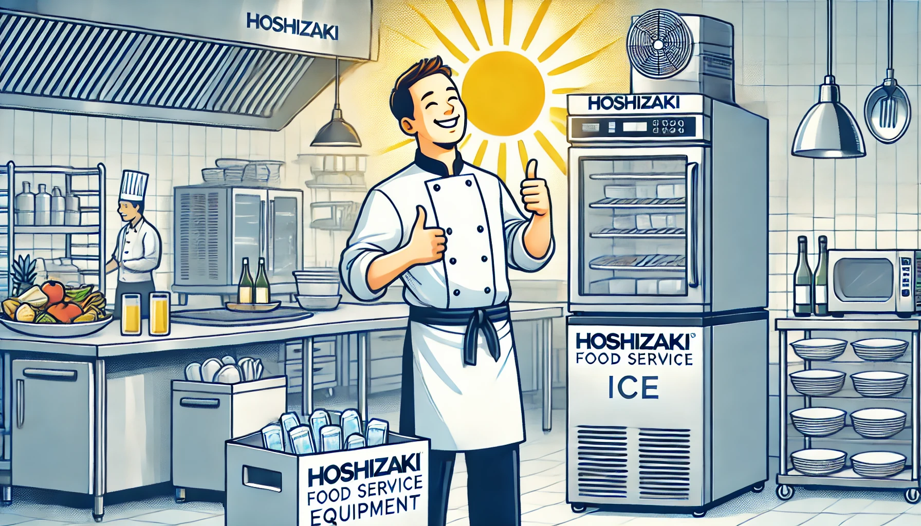 A professional kitchen environment with Hoshizaki's food service equipment including ice machines, refrigerators, and dishwashers. The scene depicts a chef happily working with the equipment, showcasing a positive atmosphere and high-quality, reliable equipment.