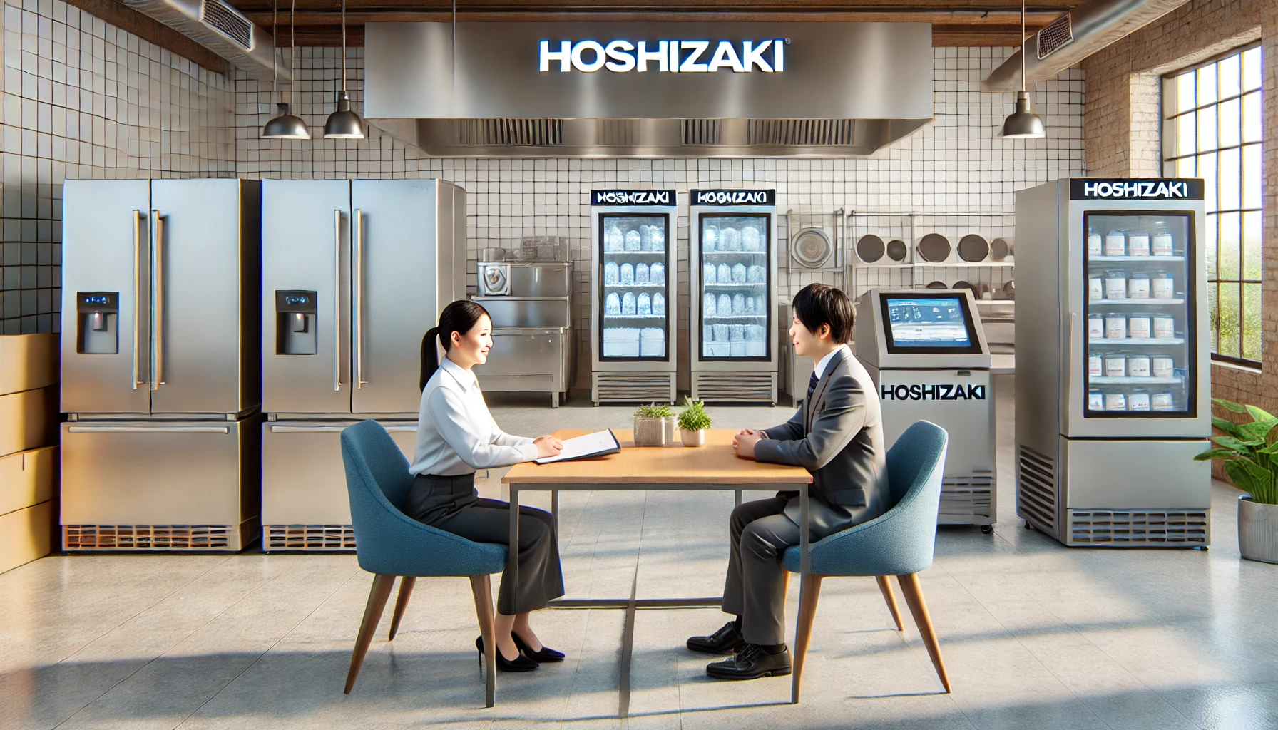 A job interview scene in a modern kitchen setting with Hoshizaki's food service equipment such as ice machines, refrigerators, and dishwashers in the background. The image features a Japanese candidate and a manager sitting across a table, engaging in a professional conversation.