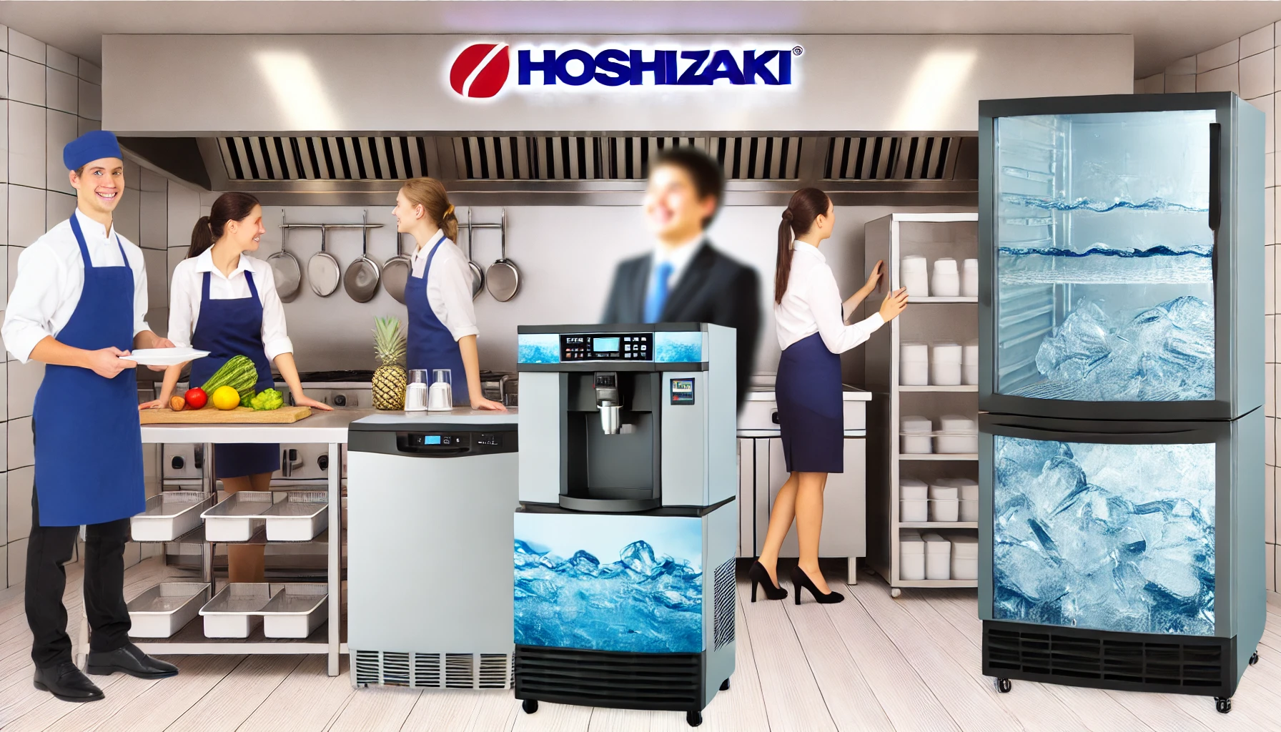 A modern, well-equipped kitchen with Hoshizaki's food service equipment like ice machines, refrigerators, and dishwashers. The image shows a group of happy employees working efficiently, indicating a positive work environment and job satisfaction.