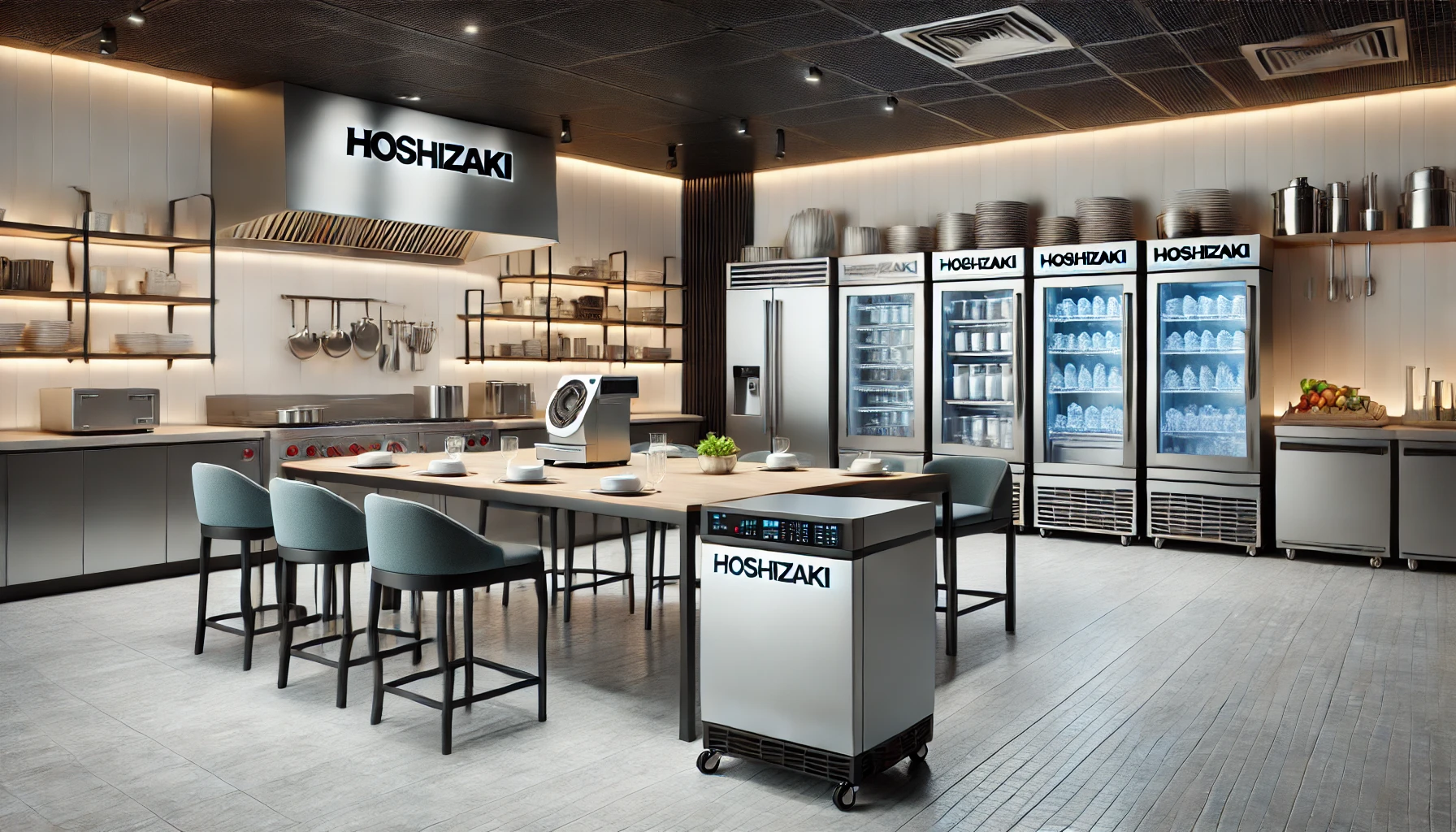 A professional kitchen environment showcasing Hoshizaki's food service equipment such as ice machines, refrigerators, and dishwashers. The setting is clean, modern, and high-tech, with the equipment prominently displayed in a well-lit space.