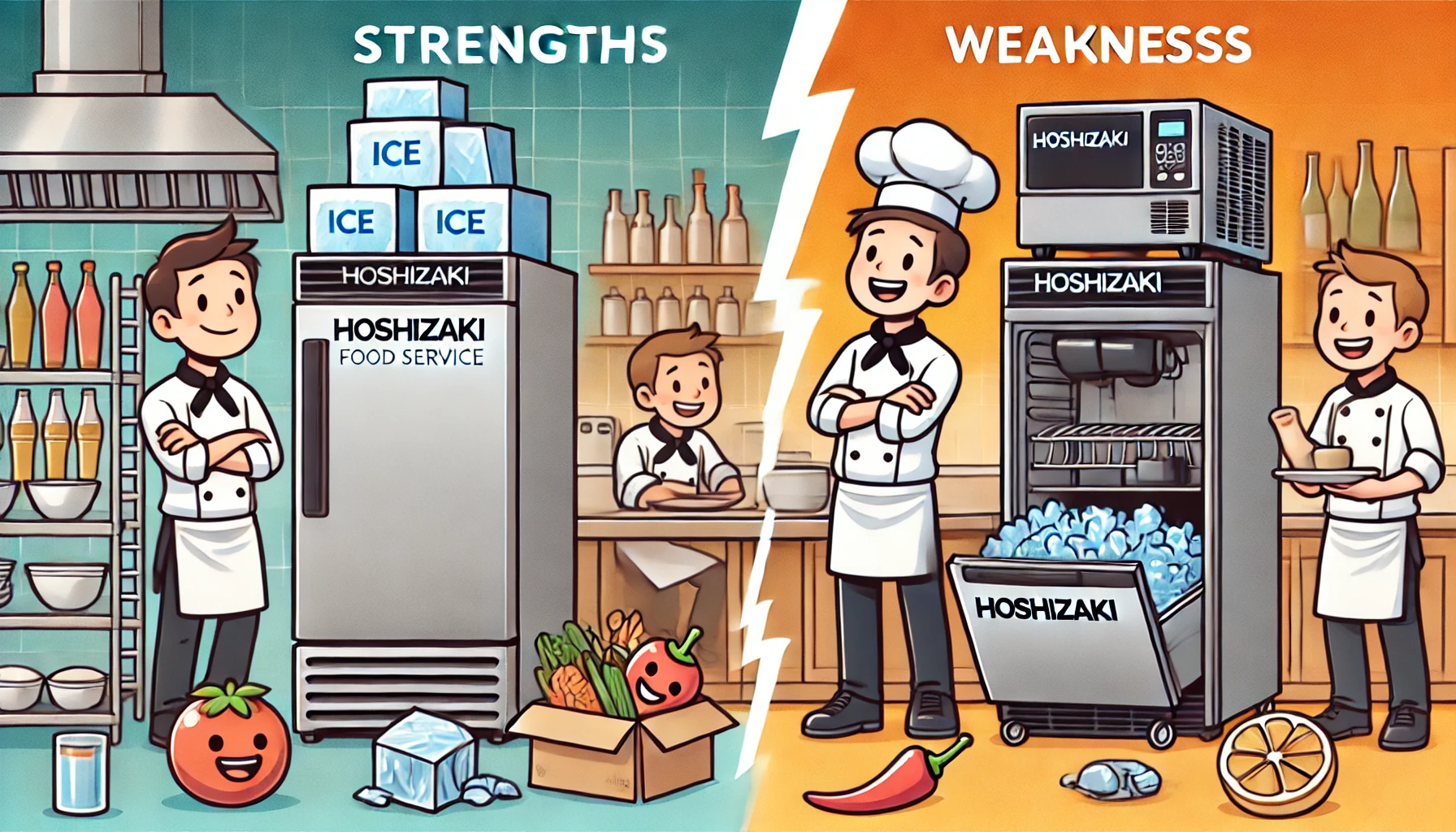 A comparative scene in a kitchen featuring Hoshizaki's food service equipment such as ice machines, refrigerators, and dishwashers. One side shows the strengths, with happy chefs working efficiently, and the other side shows weaknesses, with a chef looking at a malfunctioning machine.