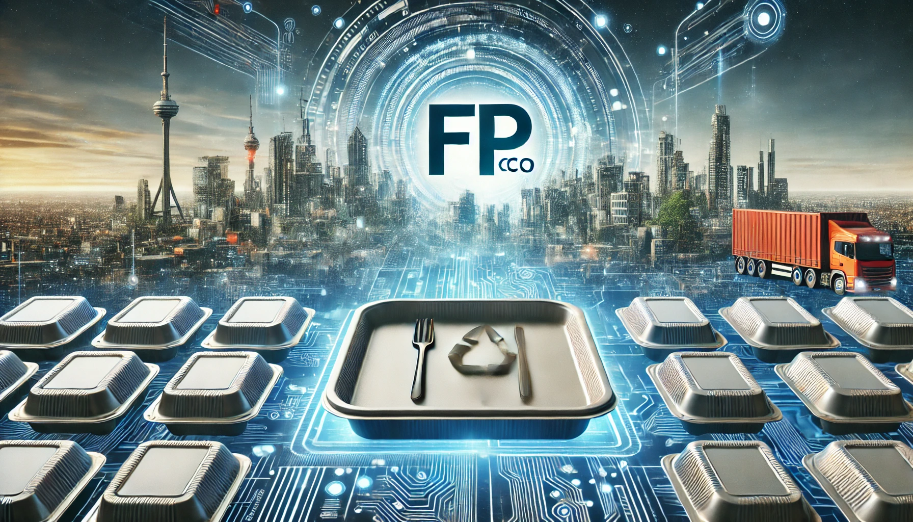 An image depicting the future potential of FP Corporation, a leading company in food container trays. The background shows a futuristic cityscape with advanced technology and innovation. The logo 'fpco' is prominently displayed, symbolizing growth and potential.