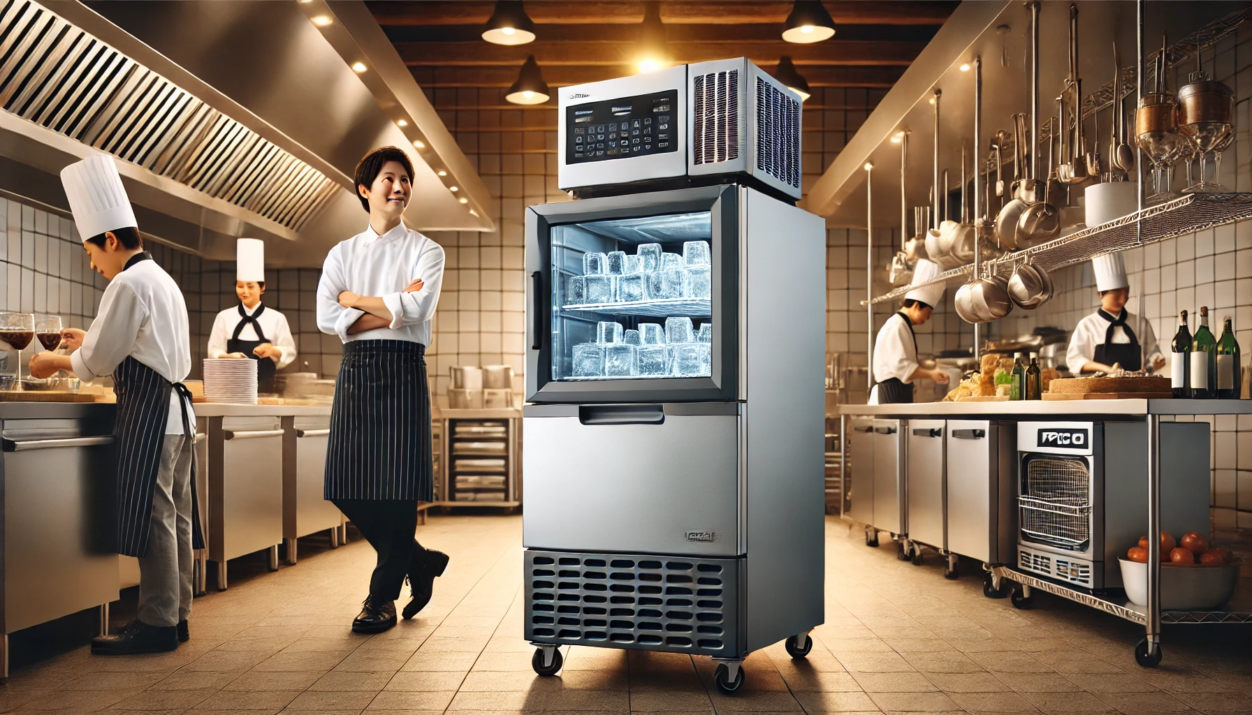 A professional kitchen setting showcasing food service equipment like ice makers, refrigerators, and dishwashers from the company 'Hoshizaki'. In the background, there are Japanese chefs working diligently. 