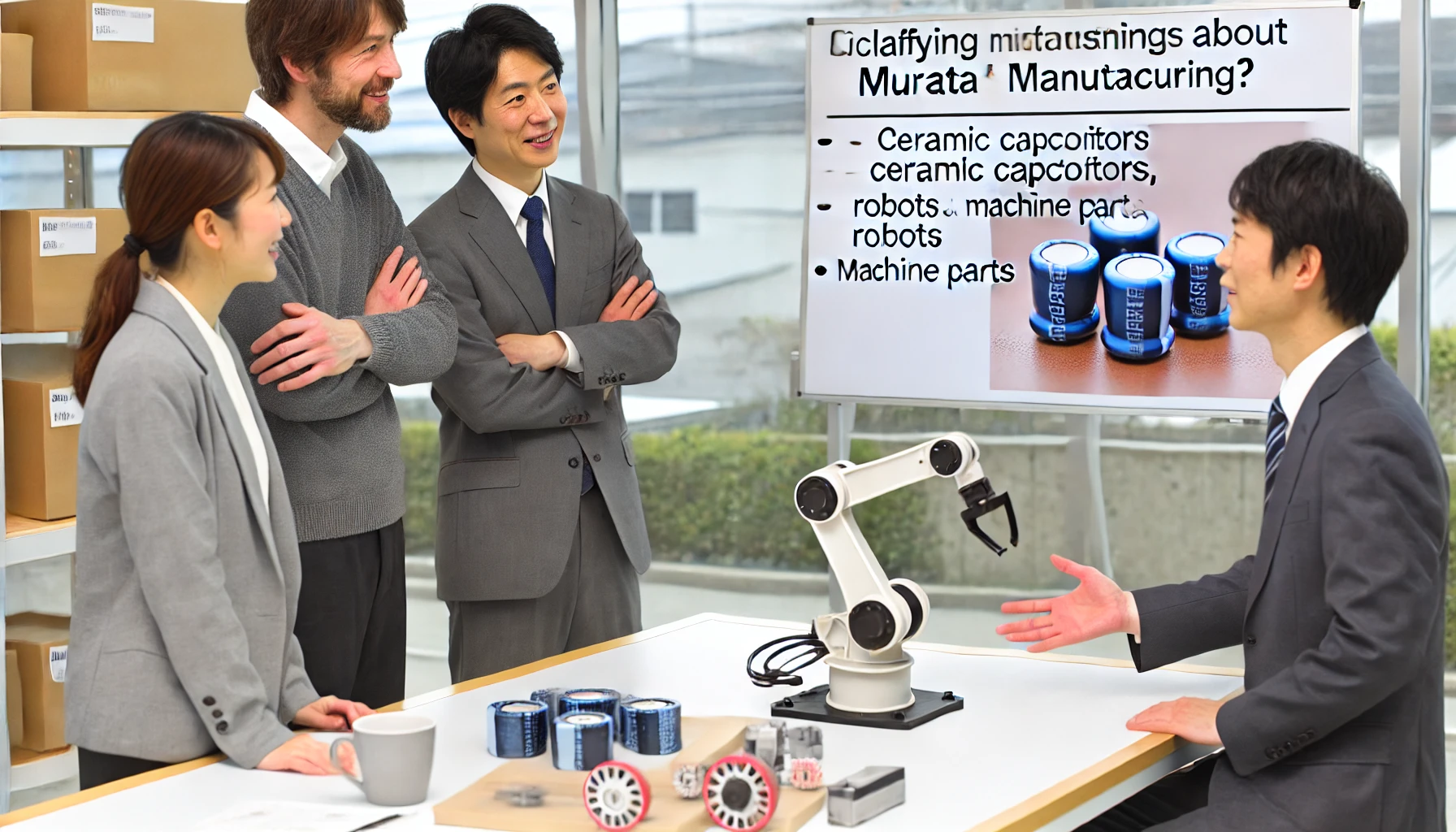 A modern office environment where Japanese employees are discussing and clarifying misunderstandings about Murata Manufacturing's reputation, focusing on ceramic capacitors, robots, and machine parts.