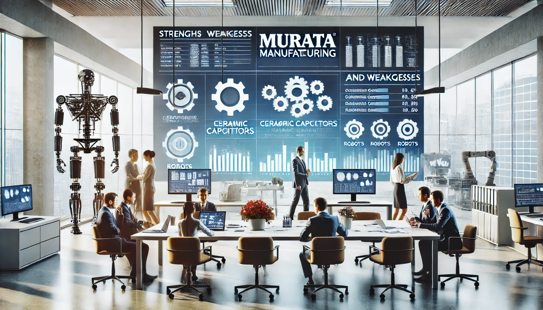 An office setting with people collaborating and discussing the strengths and weaknesses of Murata Manufacturing, a leading electronic equipment manufacturer known for ceramic capacitors, robots, and machine parts. The room features modern design, charts and graphs on screens, and a focused professional atmosphere.