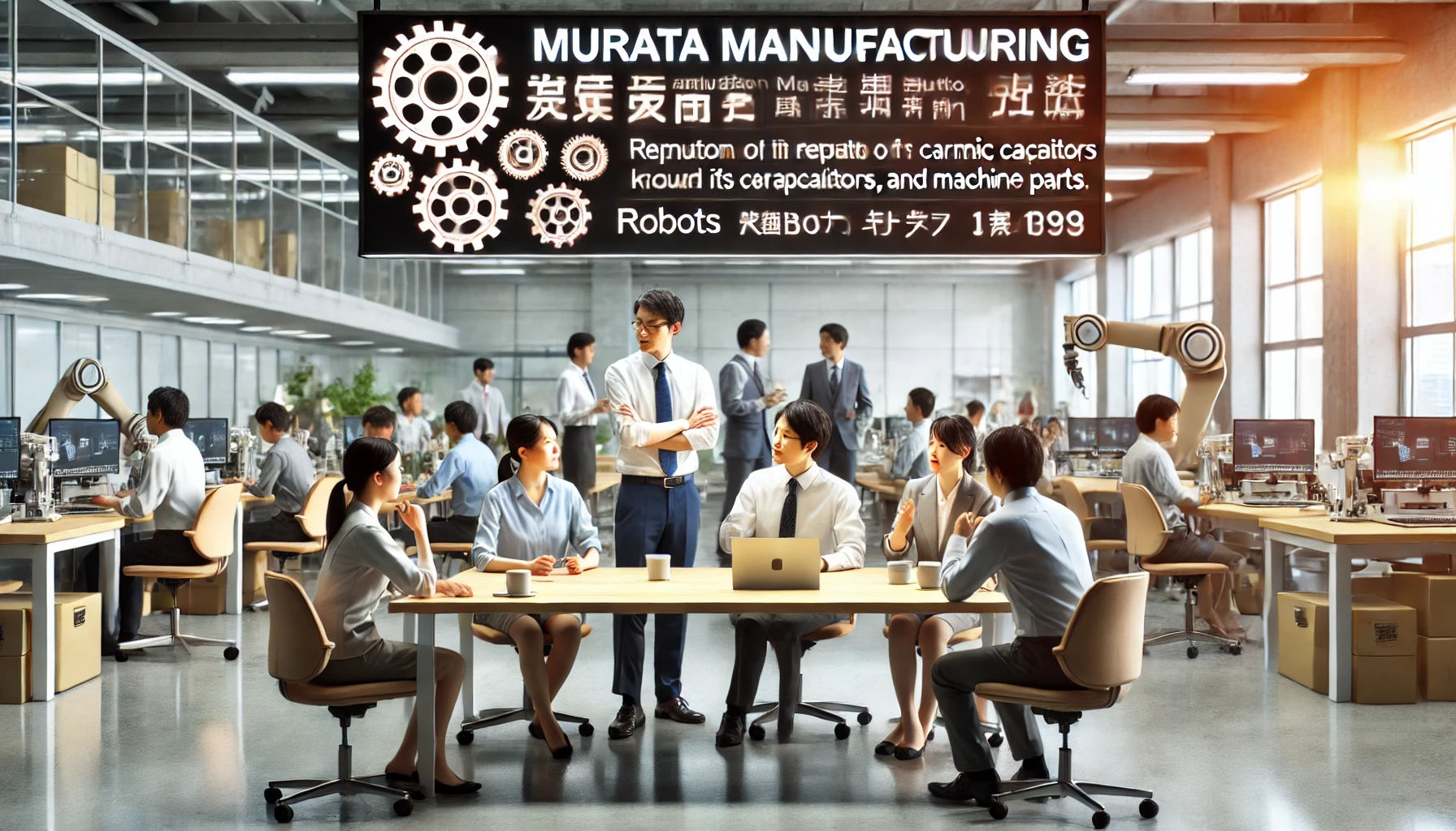 A modern office environment where Japanese employees are discussing and working around desks, highlighting the reputation of Murata Manufacturing known for its ceramic capacitors, robots, and machine parts.