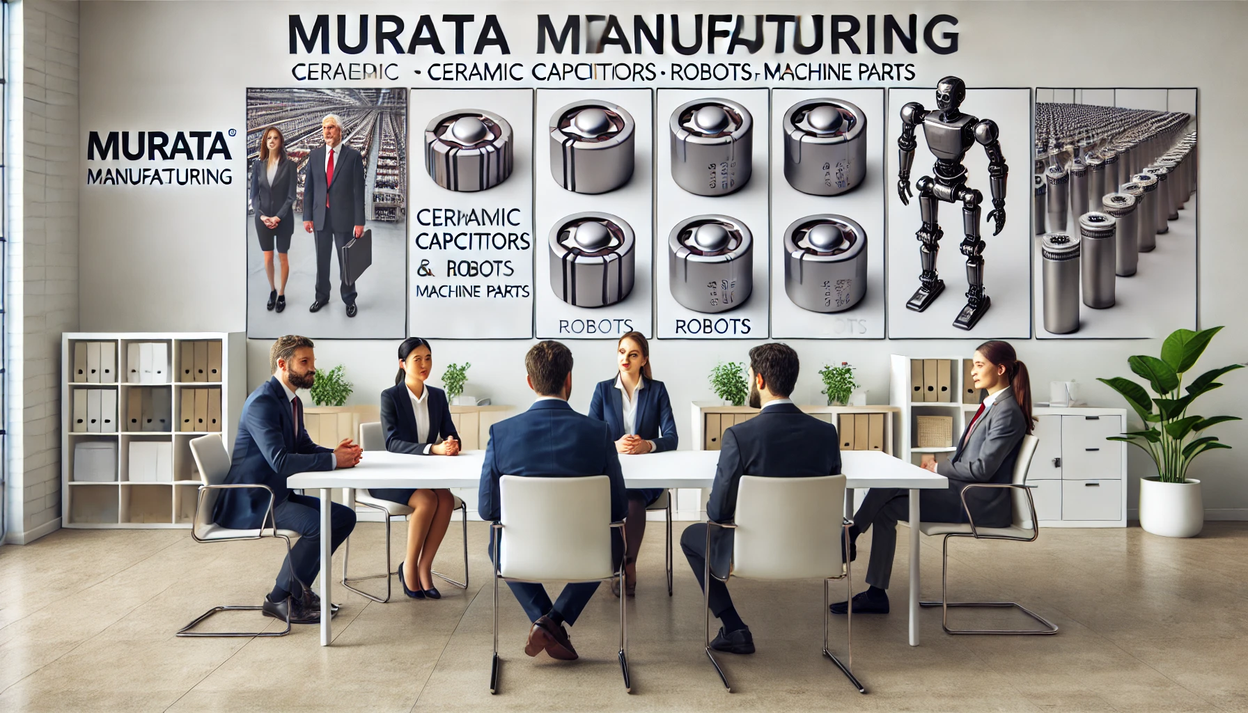 A professional interview setting at Murata Manufacturing, focusing on the discussion of ceramic capacitors, robots, and machine parts. The room is modern with interviewers and candidates engaged in conversation, a welcoming and formal atmosphere, with company branding visible.