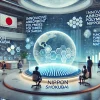 A futuristic setting showcasing the future potential of Nippon Shokubai. Innovative absorbent polymers for diapers and cutting-edge functional chemical materials are displayed. Japanese professionals are engaged in research and development activities. A large sign reads 'Shokubai'.