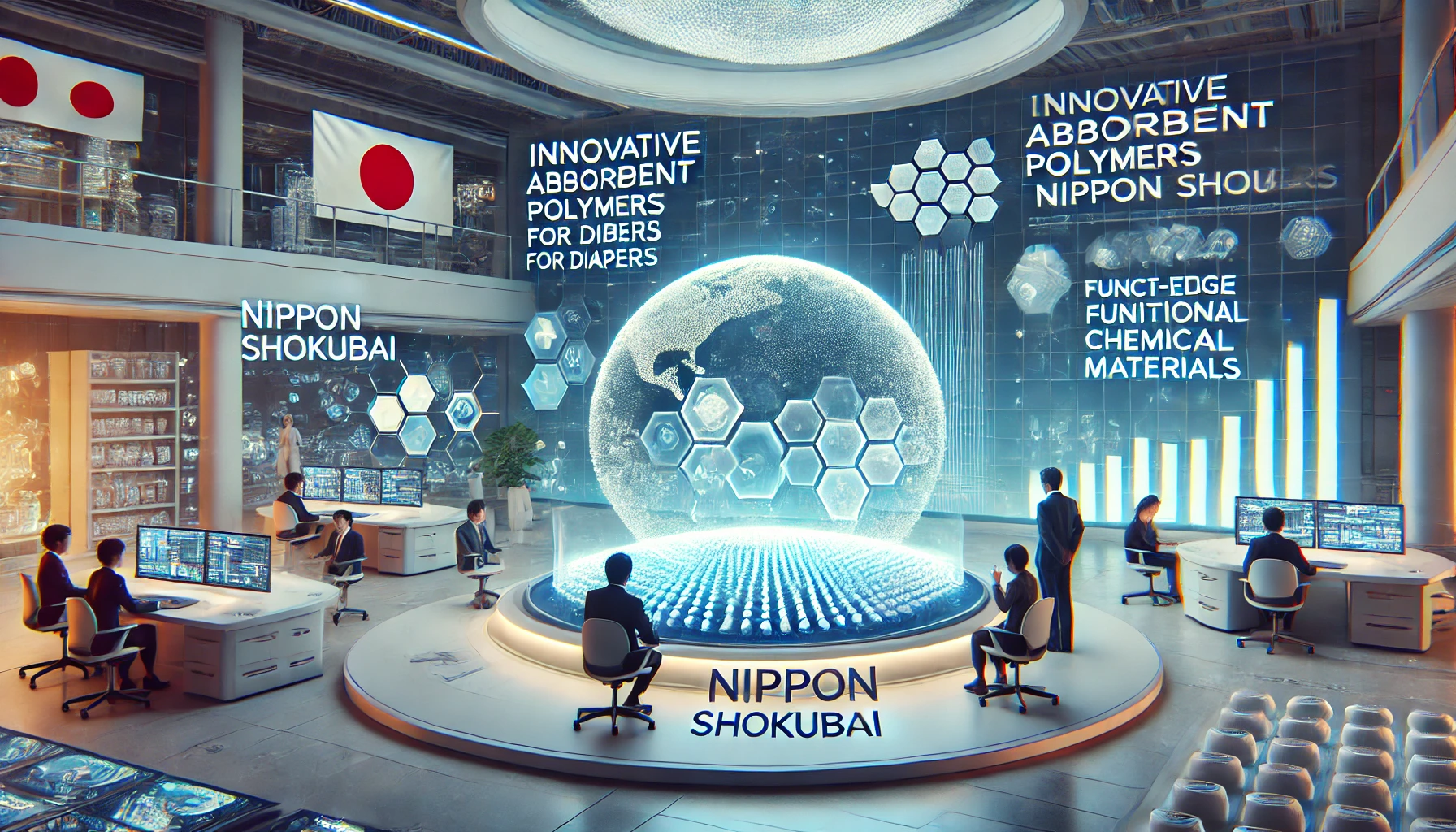 A futuristic setting showcasing the future potential of Nippon Shokubai. Innovative absorbent polymers for diapers and cutting-edge functional chemical materials are displayed. Japanese professionals are engaged in research and development activities. A large sign reads 'Shokubai'.