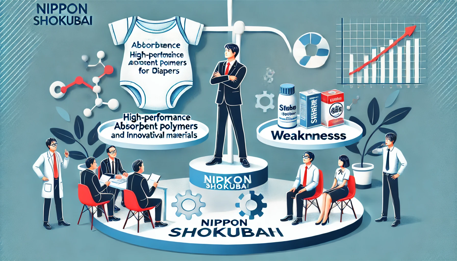 A balanced scene showcasing the strengths and weaknesses of Nippon Shokubai. On one side, high-performance absorbent polymers for diapers and innovative chemical materials are displayed with a sign reading 'Strengths'. On the other side, potential challenges and areas for improvement are highlighted with a sign reading 'Weaknesses'. Japanese professionals are discussing these aspects in a modern setting with the word 'Shokubai' prominently displayed.