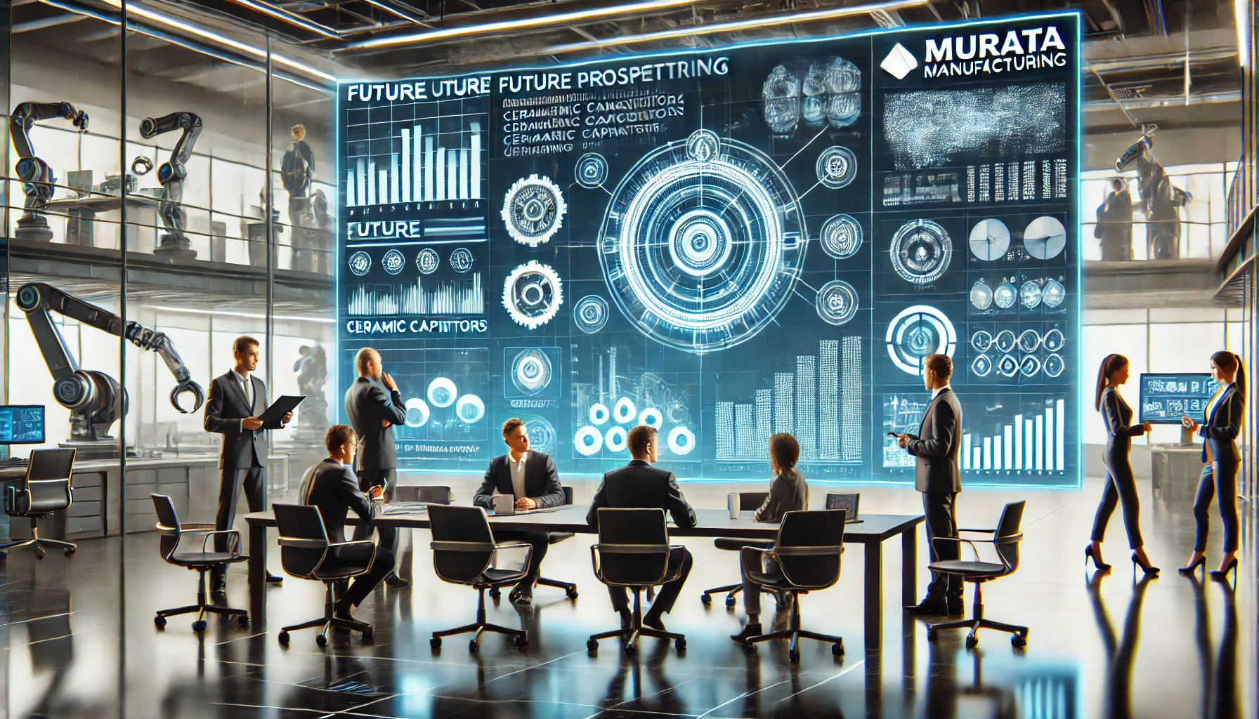 A futuristic office with people discussing around a table, displaying charts and graphs on a large screen, showing the future prospects of Murata Manufacturing, a leading electronic equipment manufacturer specializing in ceramic capacitors, robots, and machine parts. The environment is modern with advanced technology and a collaborative atmosphere.