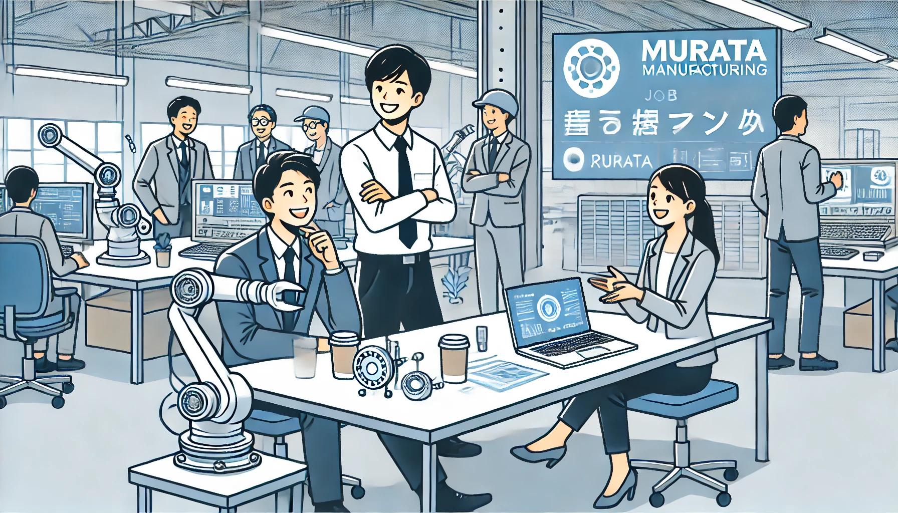 A modern office environment where Japanese employees are happily working and discussing about a positive job change to Murata Manufacturing, known for its ceramic capacitors, robots, and machine parts.