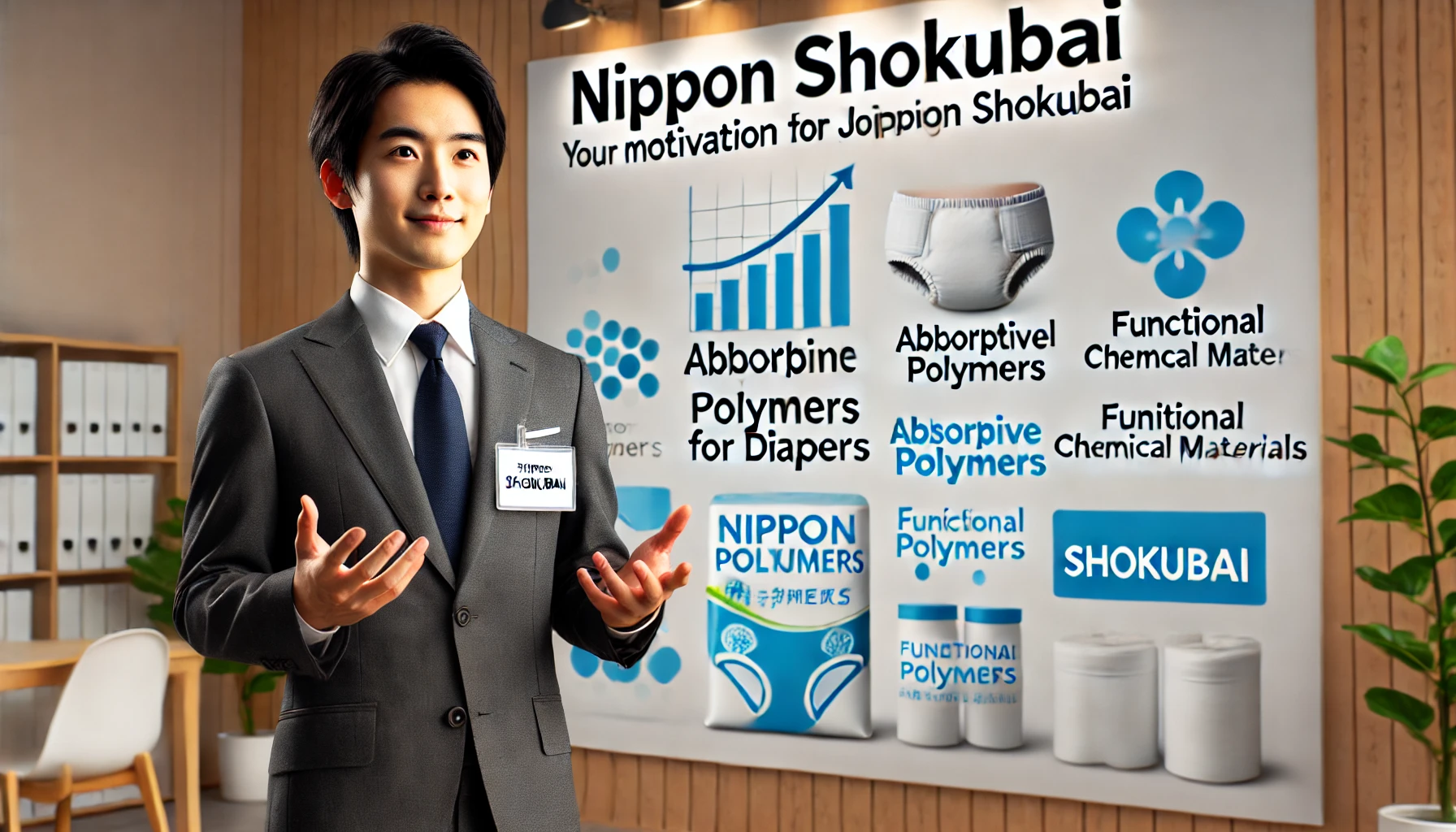 A professional setting where a Japanese individual is explaining their motivation for joining Nippon Shokubai. The background showcases absorbent polymers for diapers and functional chemical materials with the word 'Shokubai' prominently displayed. The atmosphere is aspirational and positive.