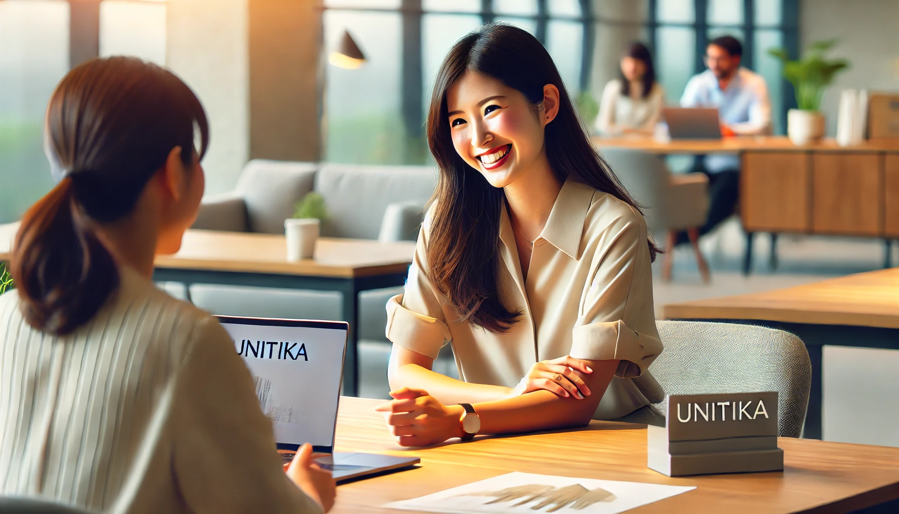 A-welcoming-and-friendly-office-environment-where-a-Japanese-woman-is-sitting-at-a-desk-with-a-smile-engaging-with-a-colleague