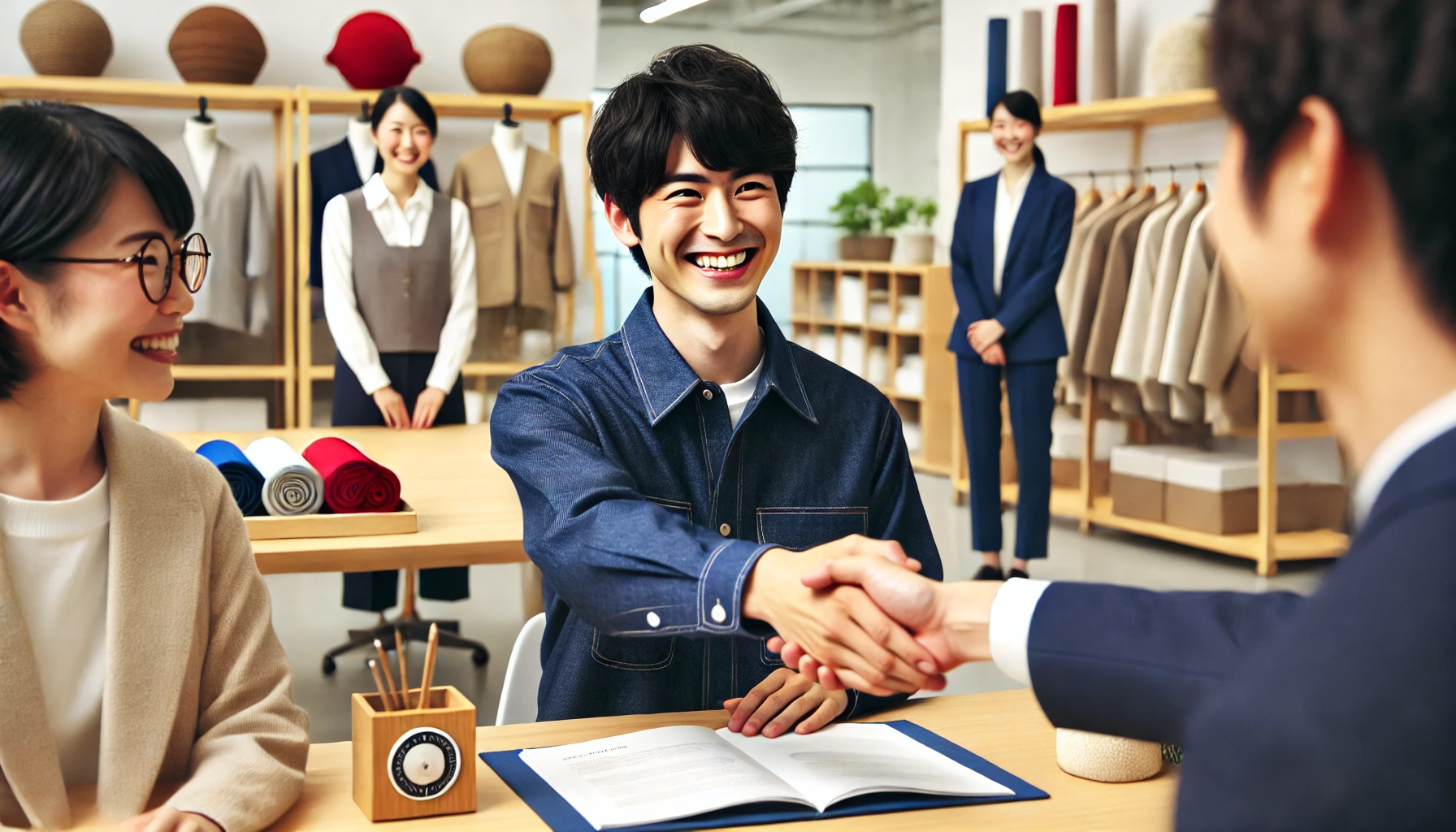 Japanese-employee-transitioning-to-a-new-job-at-a-traditional-textile-company-that-also-works-on-advanced-polymer-materials-and-functional