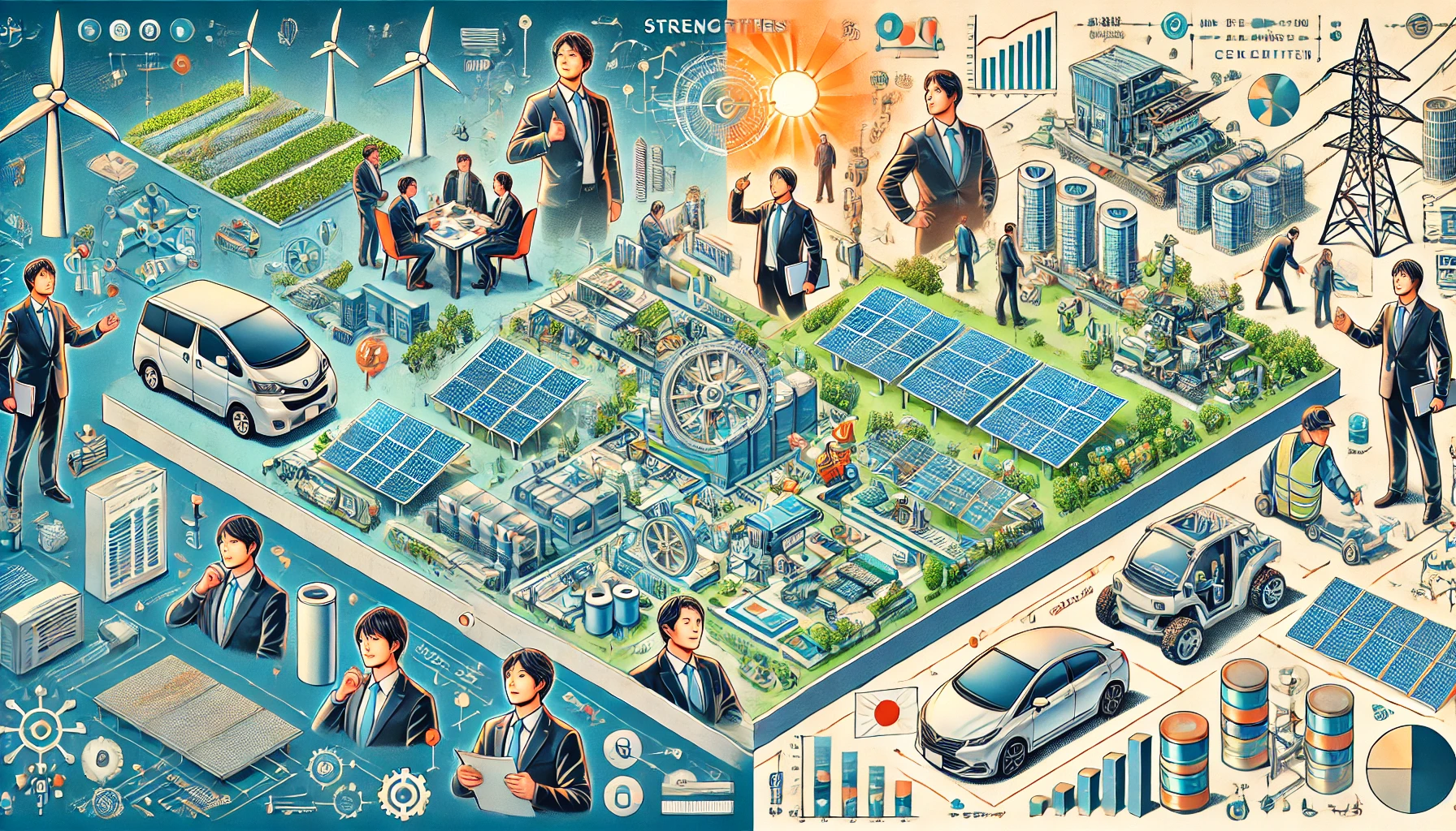 An-image-illustrating-the-strengths-and-weaknesses-of-an-environmentally-conscious-company-working-with-capacitors-in-the-renewable-energy