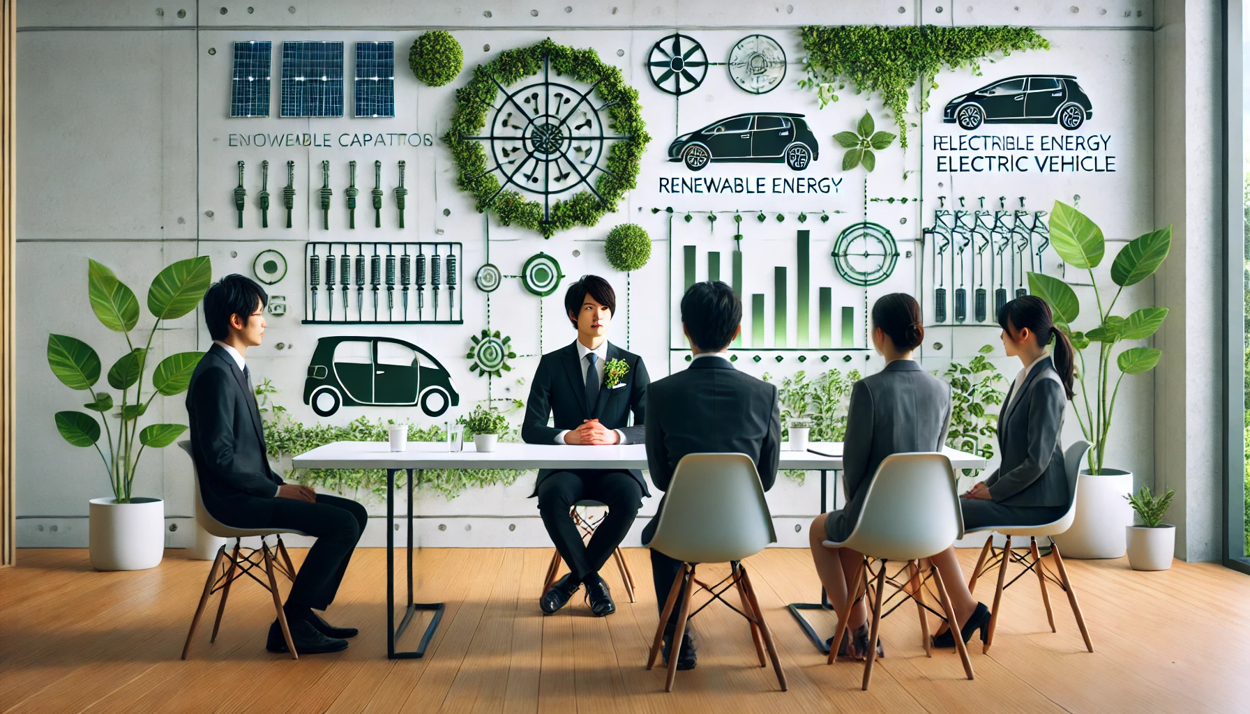 An-image-showing-a-job-interview-at-an-environmentally-conscious-company-working-with-capacitors-in-the-renewable-energy-and-electric-vehicle-sectors