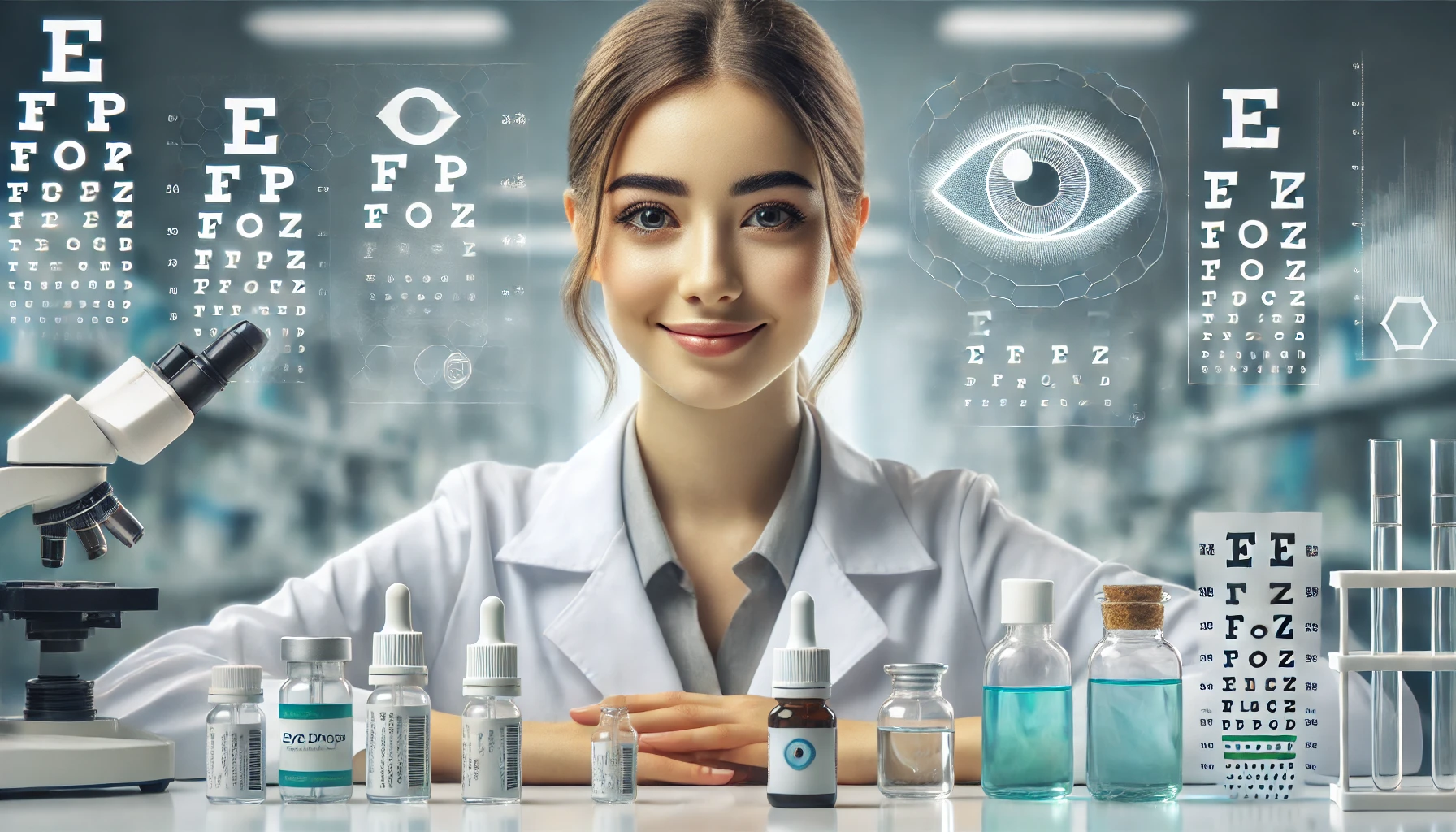 A reputable Japanese pharmaceutical company, Santen Pharmaceutical, specializing in eye drops and ophthalmology, with its products prominently displayed. The background should show a clean, modern laboratory setting with a focus on eye care products.