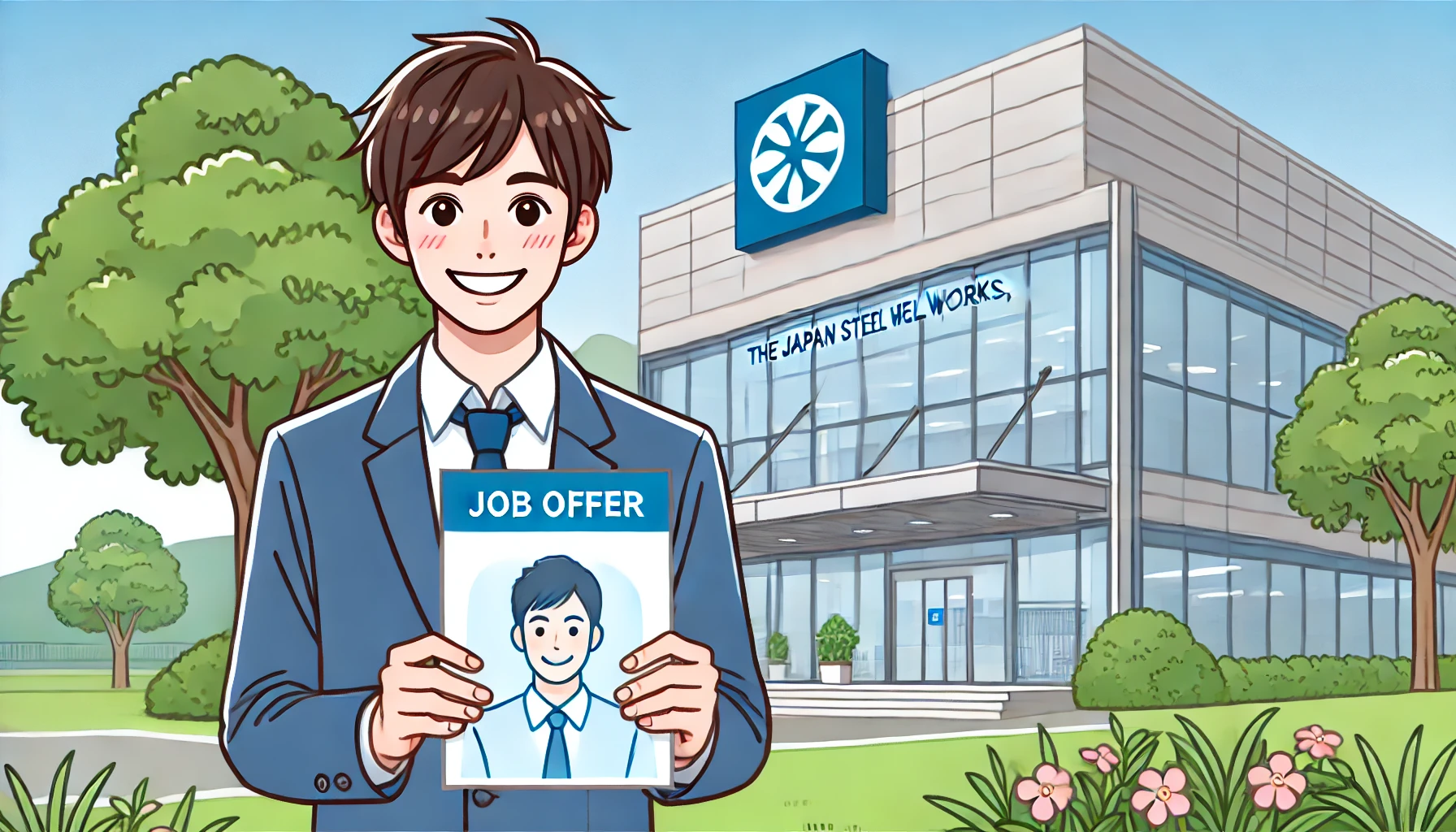 A happy employee standing outside a modern office building, holding a document labeled 'Job Offer'. The building has the logo of 'The Japan Steel Works, Ltd.' on it. The employee is smiling and looking excited, with a background of greenery and a clear sky.