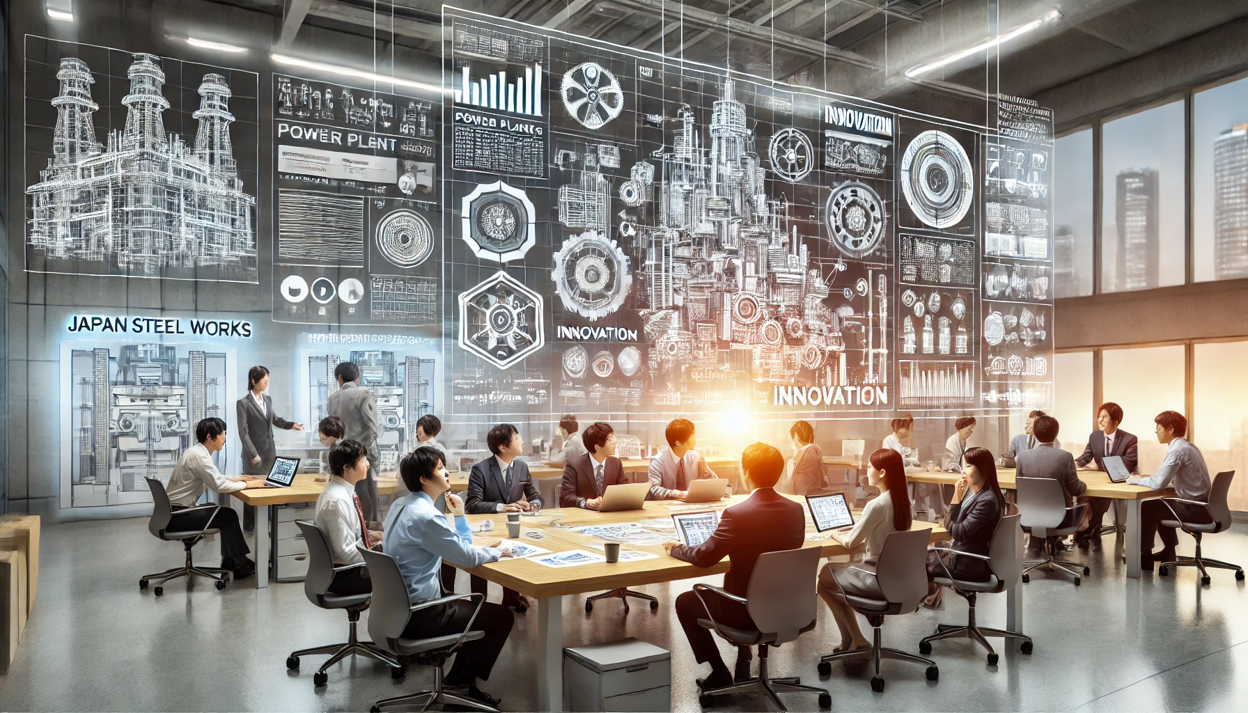 A dynamic and collaborative workspace in Japan Steel Works, Ltd., focusing on innovation. The image should show a diverse group of Japanese employees, including both men and women, working together on new projects related to power plant components and plastic molding machines. The atmosphere should be creative and professional, with technical drawings and 3D models on desks and screens. The background should reflect a modern and forward-thinking company, with design elements that emphasize technology and engineering.