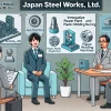 A professional interview scene at Japan Steel Works, Ltd. The setting includes Japanese interviewers and a Japanese job applicant discussing innovative power plant components and plastic molding machines. The background features modern office decor, company awards, and achievements. The applicant is confidently presenting their qualifications and enthusiasm for the role.