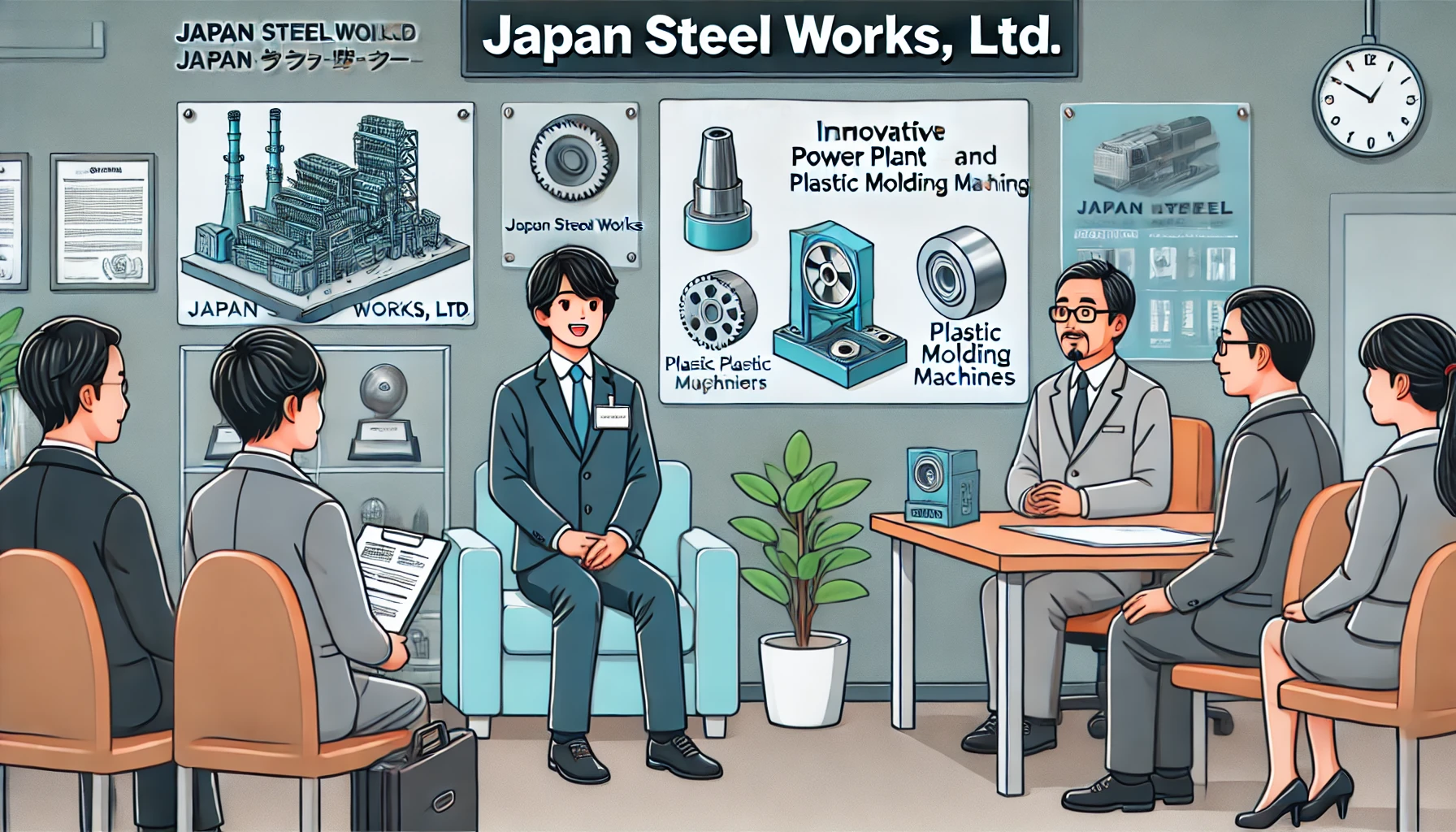 A professional interview scene at Japan Steel Works, Ltd. The setting includes Japanese interviewers and a Japanese job applicant discussing innovative power plant components and plastic molding machines. The background features modern office decor, company awards, and achievements. The applicant is confidently presenting their qualifications and enthusiasm for the role.