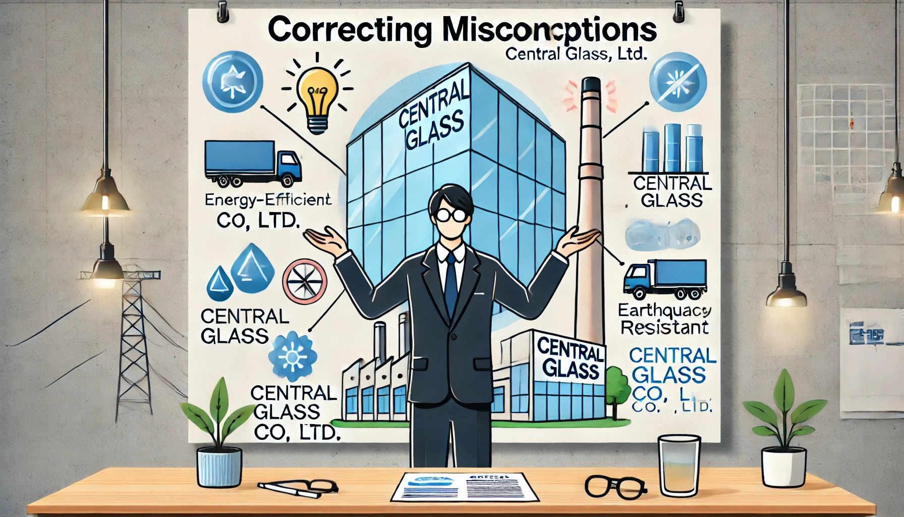 An image correcting misconceptions about Central Glass Co., Ltd., a Japanese glass manufacturer known for energy-efficient and earthquake-resistant glass products. The image should depict a person explaining the company’s benefits and addressing misconceptions, with a backdrop of the company's products and logo.