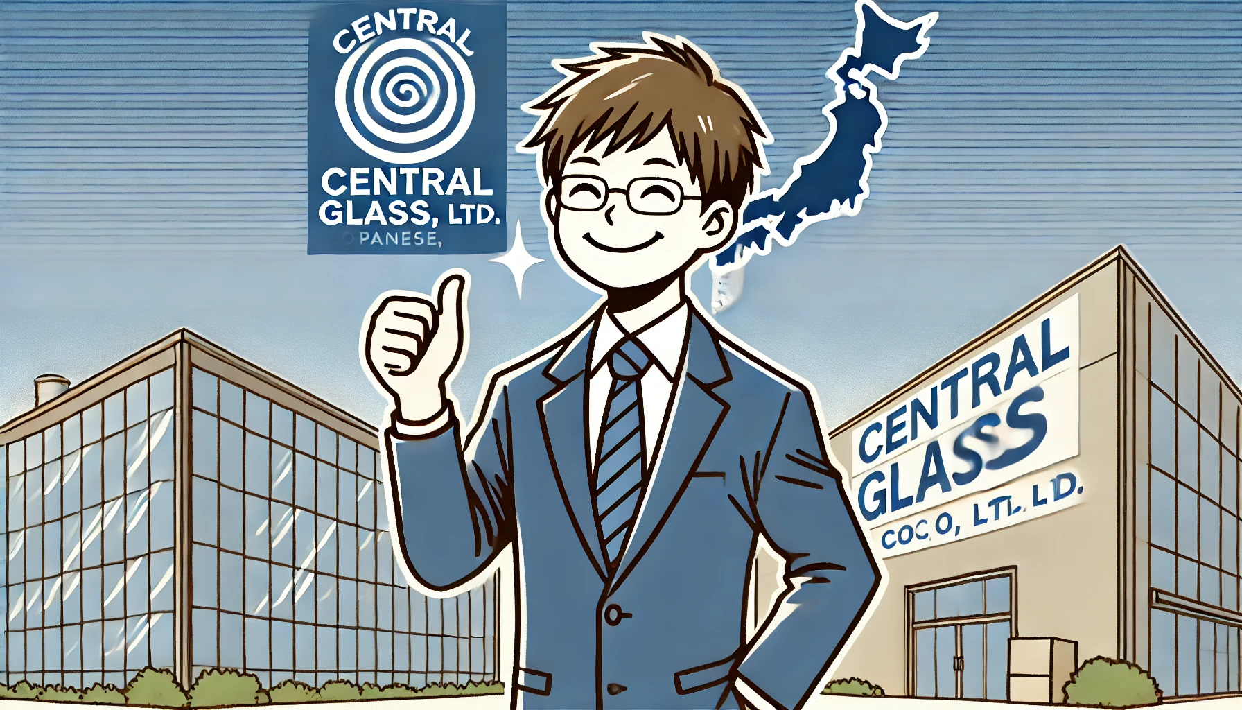 An image representing a successful and happy job transition to Central Glass Co., Ltd., a Japanese glass manufacturer known for energy-efficient and earthquake-resistant glass products. The image should feature a smiling Japanese person in a business suit, symbolizing career satisfaction and growth, with a backdrop of the company’s logo and products.