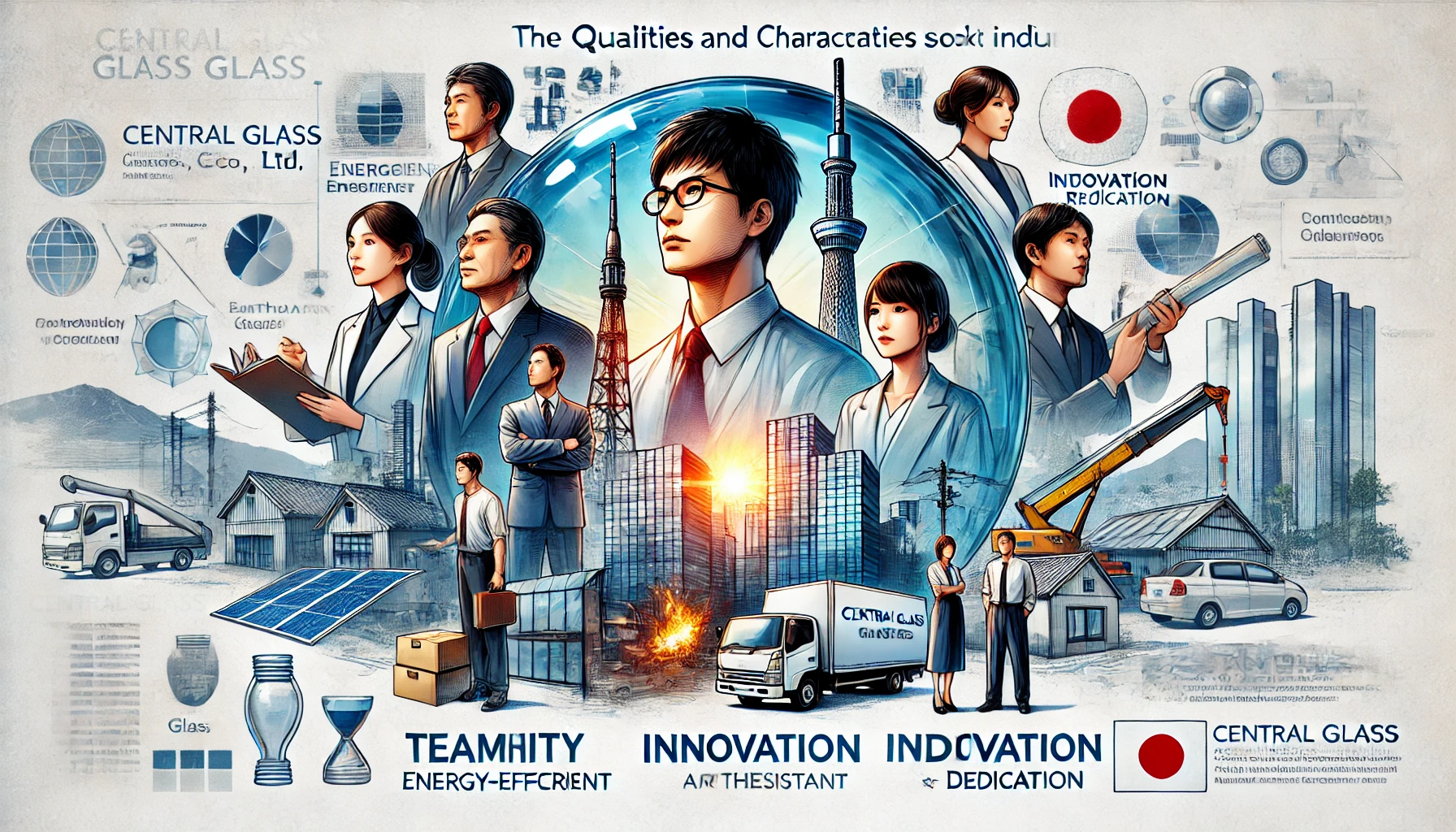 An image depicting the qualities and characteristics sought in individuals by Central Glass Co., Ltd., a Japanese glass manufacturer known for energy-efficient and earthquake-resistant glass products. The image should include a diverse group of Japanese professionals, showcasing teamwork, innovation, and dedication, with a backdrop of the company's logo and products.