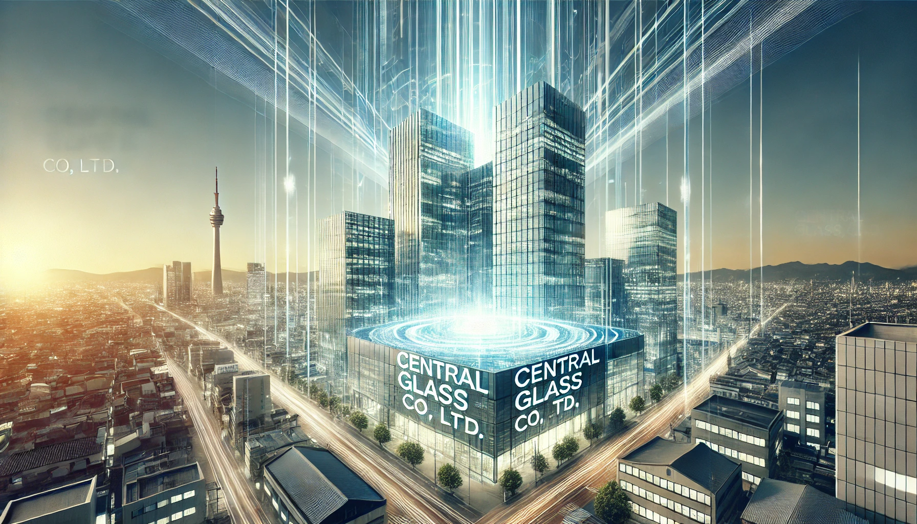 An image depicting the future prospects of Central Glass Co., Ltd., a Japanese glass manufacturer specializing in energy-efficient and earthquake-resistant glass products. The image should show a modern office building with the company's logo, and a forward-looking, dynamic atmosphere symbolizing growth and innovation.