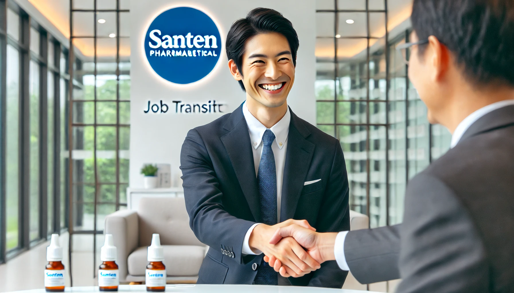 A happy and positive job transition to Santen Pharmaceutical, a leading Japanese company in eye drops and ophthalmology. The image shows a smiling Japanese professional in business attire shaking hands with a recruiter in a modern office setting with Santen's logo in the background.