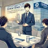 An image depicting a job interview at Central Glass Co., Ltd., a Japanese glass manufacturer specializing in energy-efficient and earthquake-resistant glass products. The image should show a Japanese person in a formal suit, confidently presenting to interviewers in a modern office setting with the company's logo visible in the background.